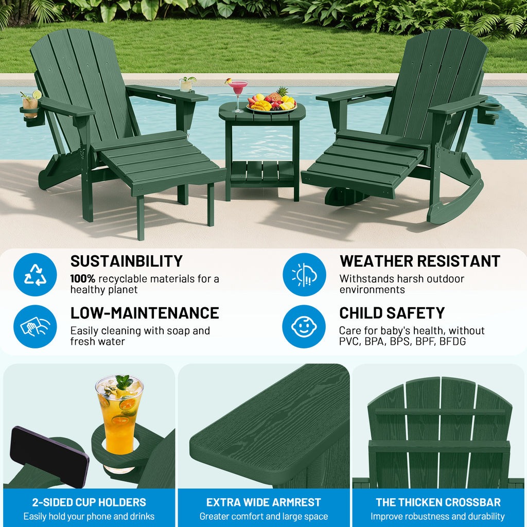 Easthome 4-in-1 Folding Adirondack Rocking Chair with Ottoman & Dual Cup Holders, Wood Texture HDPE All-Weather Outdoor Lounge Chair for Patio, Backyard, Pool