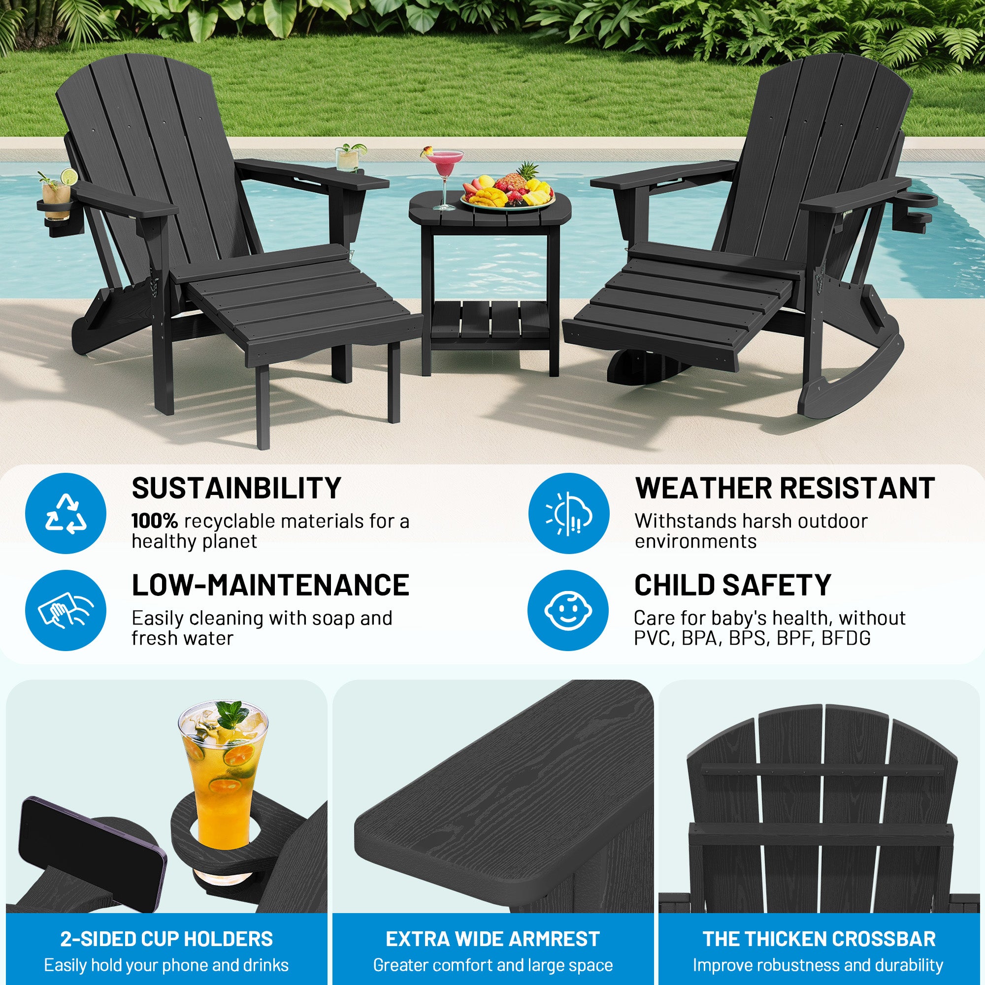 Easthome 4-in-1 Folding Adirondack Rocking Chair with Ottoman & Dual Cup Holders, Wood Texture HDPE All-Weather Outdoor Lounge Chair for Patio, Backyard, Pool
