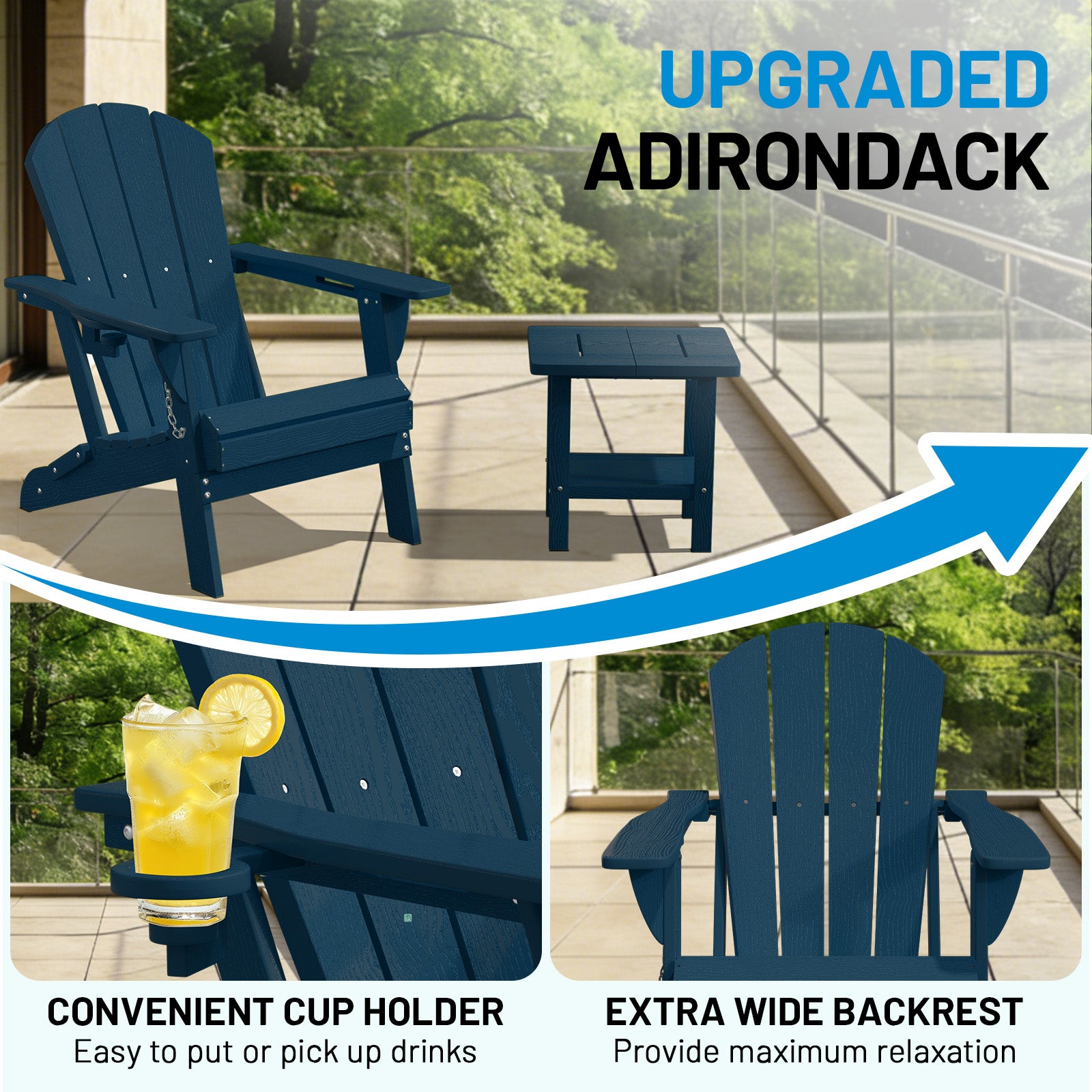 Easthome Adirondack Chair, HDPE All-Weather Outdoor Patio Lounge Chair with Cup Holder & 380lb Capacity for Deck, Garden, Poolside, Backyard