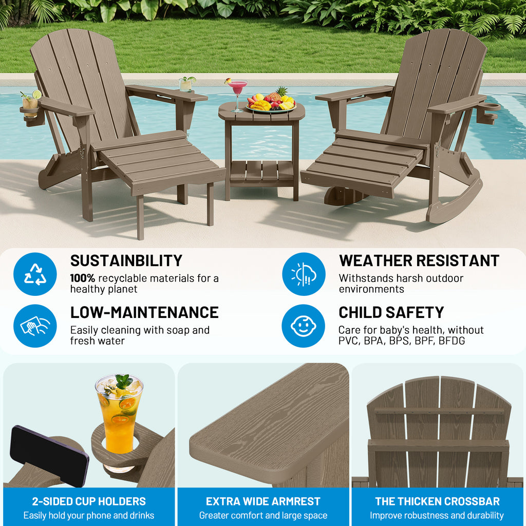 Easthome 4-in-1 Folding Adirondack Rocking Chair with Ottoman & Dual Cup Holders, Wood Texture HDPE All-Weather Outdoor Lounge Chair for Patio, Backyard, Pool