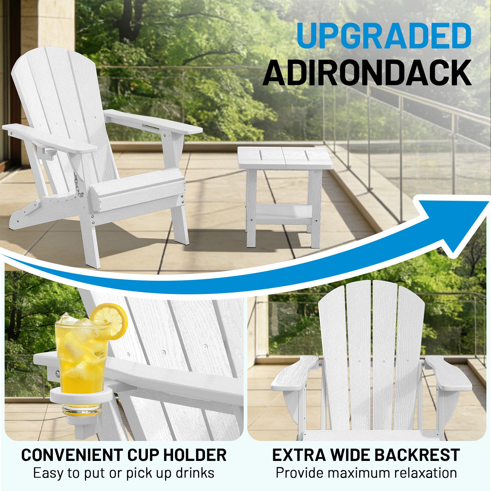 Easthome Adirondack Chair, HDPE All-Weather Outdoor Patio Lounge Chair with Cup Holder & 380lb Capacity for Deck, Garden, Poolside, Backyard