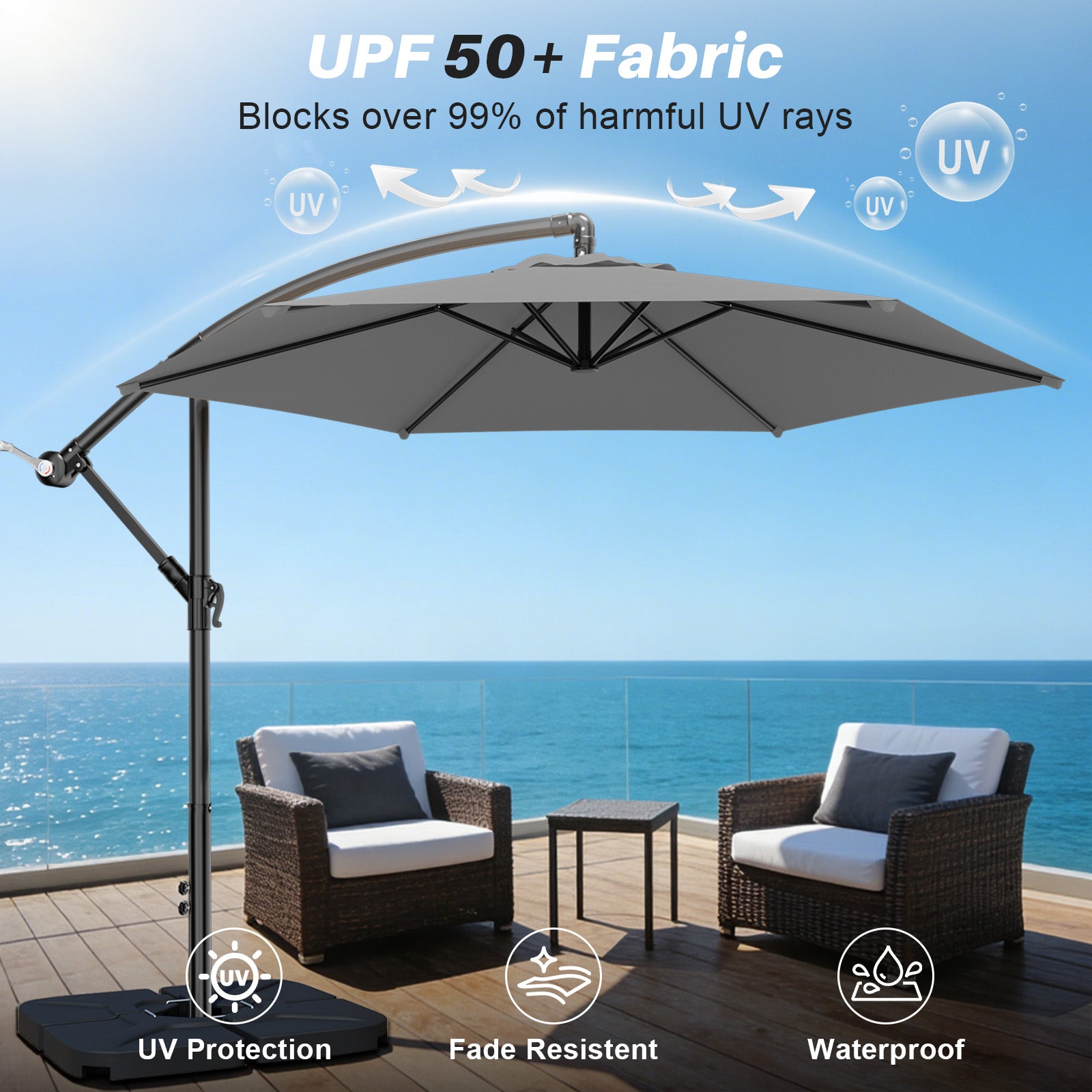 Easthome 10ft Offset Hanging Market Patio Umbrella for Backyard, Poolside, Lawn and Garden w/Easy Tilt Adjustment, Polyester Shade, 6 Ribs