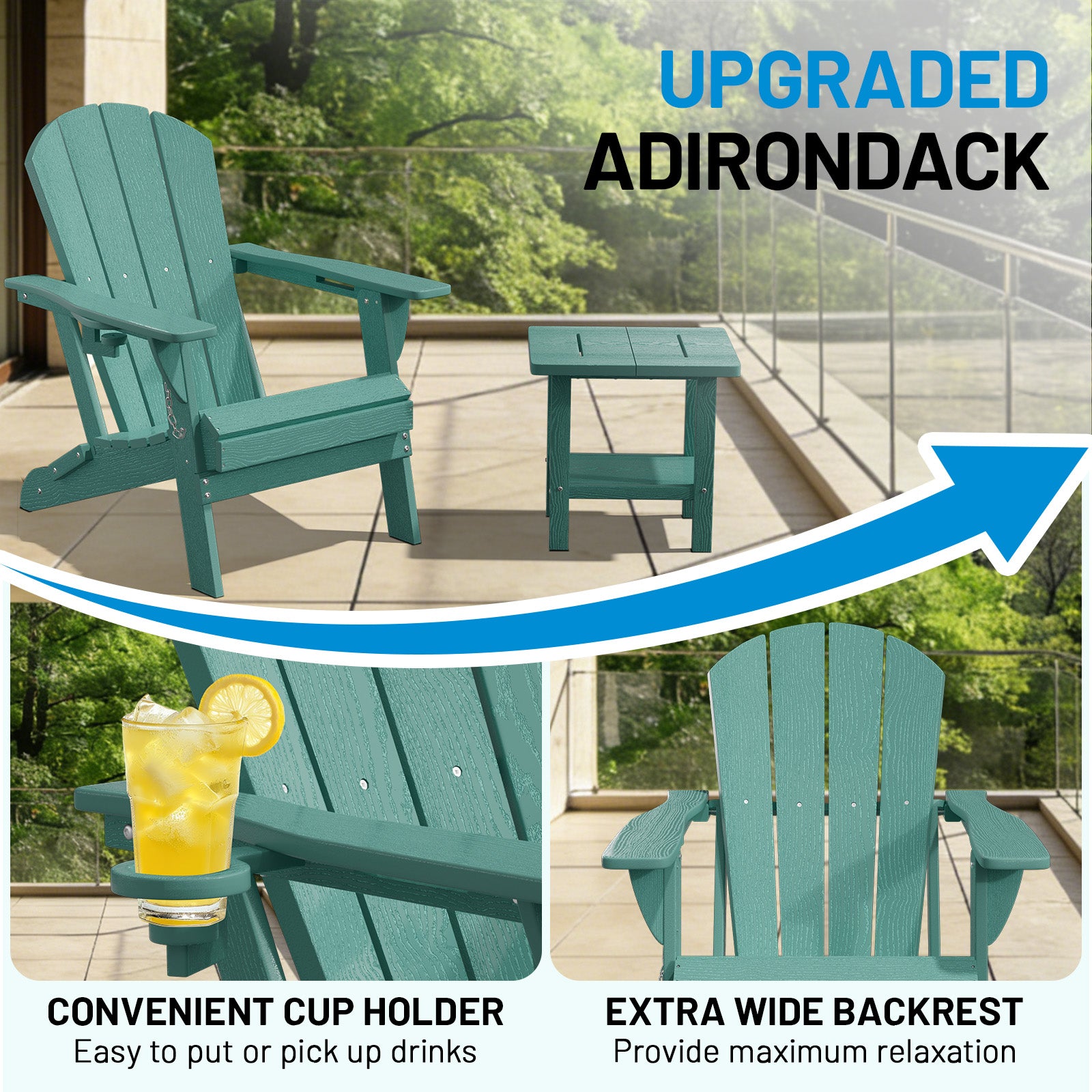 Easthome Adirondack Chair, HDPE All-Weather Outdoor Patio Lounge Chair with Cup Holder & 380lb Capacity for Deck, Garden, Poolside, Backyard