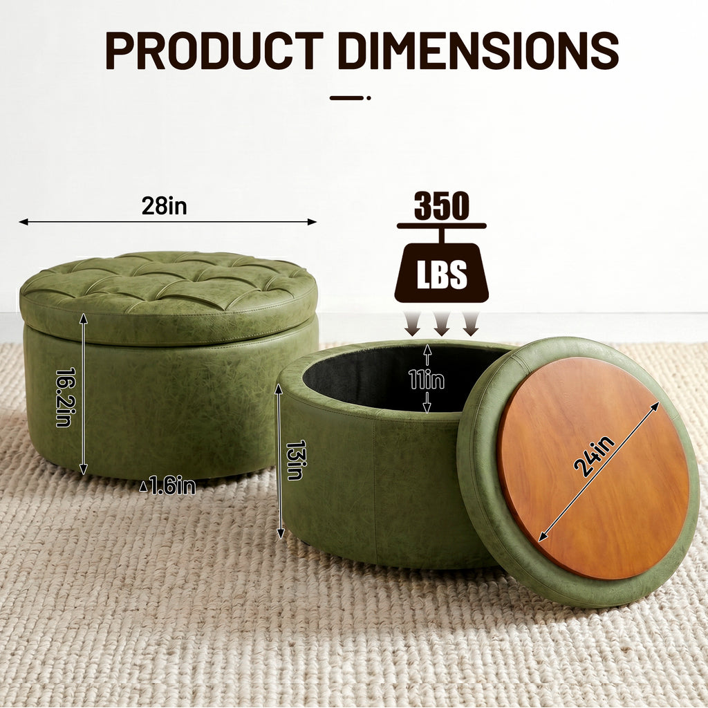 Easthome Multi-Function Round Storage Ottoman with Lockable Casters, Detachable Wood Tray Top, Button Tufted Foot Stool for Living Room Bedroom Study