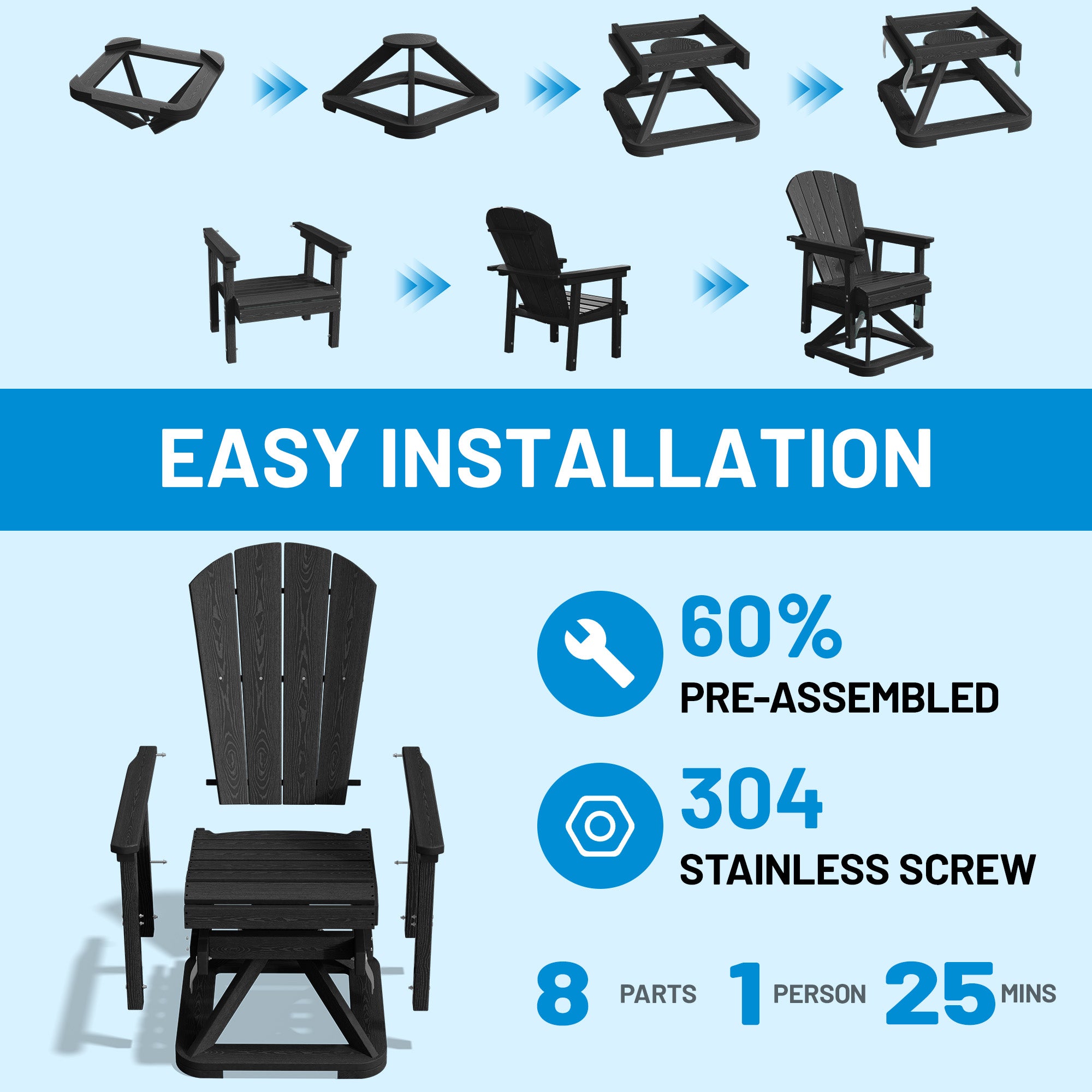 Easthome 360°Swivel Glider Adirondack Chair All-Weather HDPE Outdoor Rocking Chair with Ergonomic Backrest, Outdoor Swivel Rocker for Patio, Porch & Deck