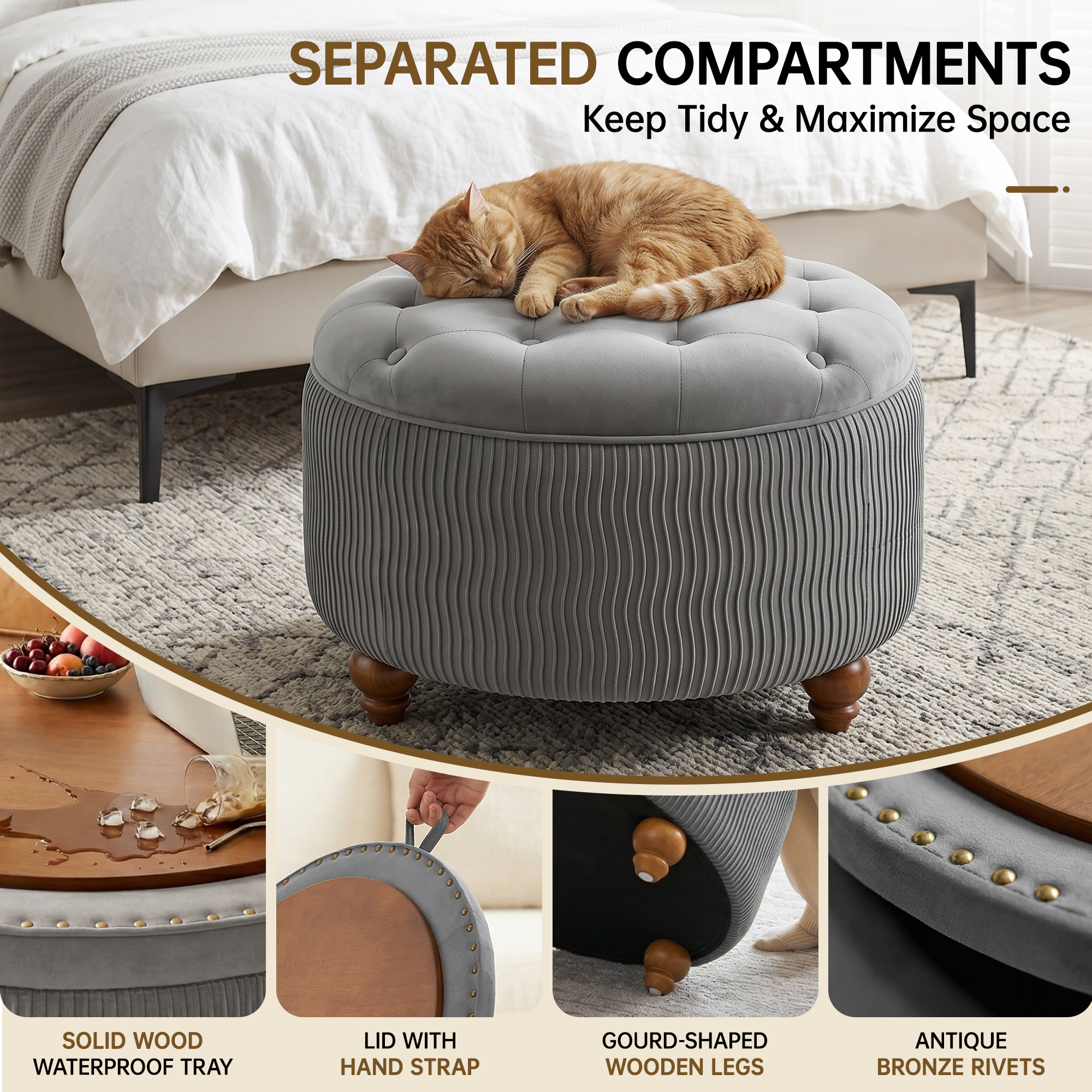 Easthome Round Storage Ottoman, Divided Compartment, Removable Top, Solid Wood Gourd-Shaped Legs, Button Tufted Multi-Function Footrest Bench for Living Room, Bedroom