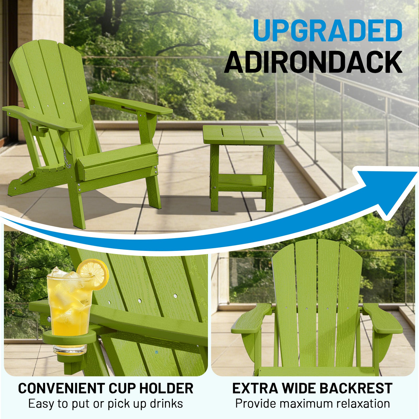 Easthome Adirondack Chair, HDPE All-Weather Outdoor Patio Lounge Chair with Cup Holder & 380lb Capacity for Deck, Garden, Poolside, Backyard