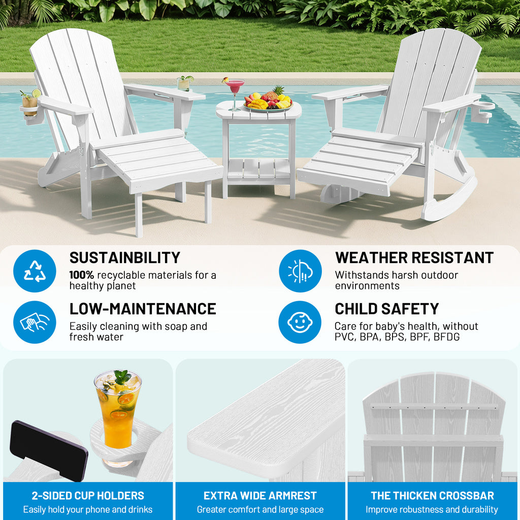 Easthome 4-in-1 Folding Adirondack Rocking Chair with Ottoman & Dual Cup Holders, Wood Texture HDPE All-Weather Outdoor Lounge Chair for Patio, Backyard, Pool