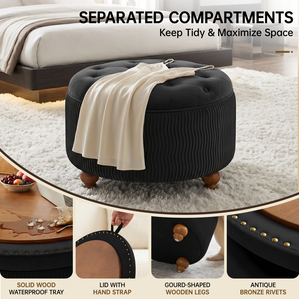 Easthome Round Storage Ottoman, Divided Compartment, Removable Top, Solid Wood Gourd-Shaped Legs, Button Tufted Multi-Function Footrest Bench for Living Room, Bedroom