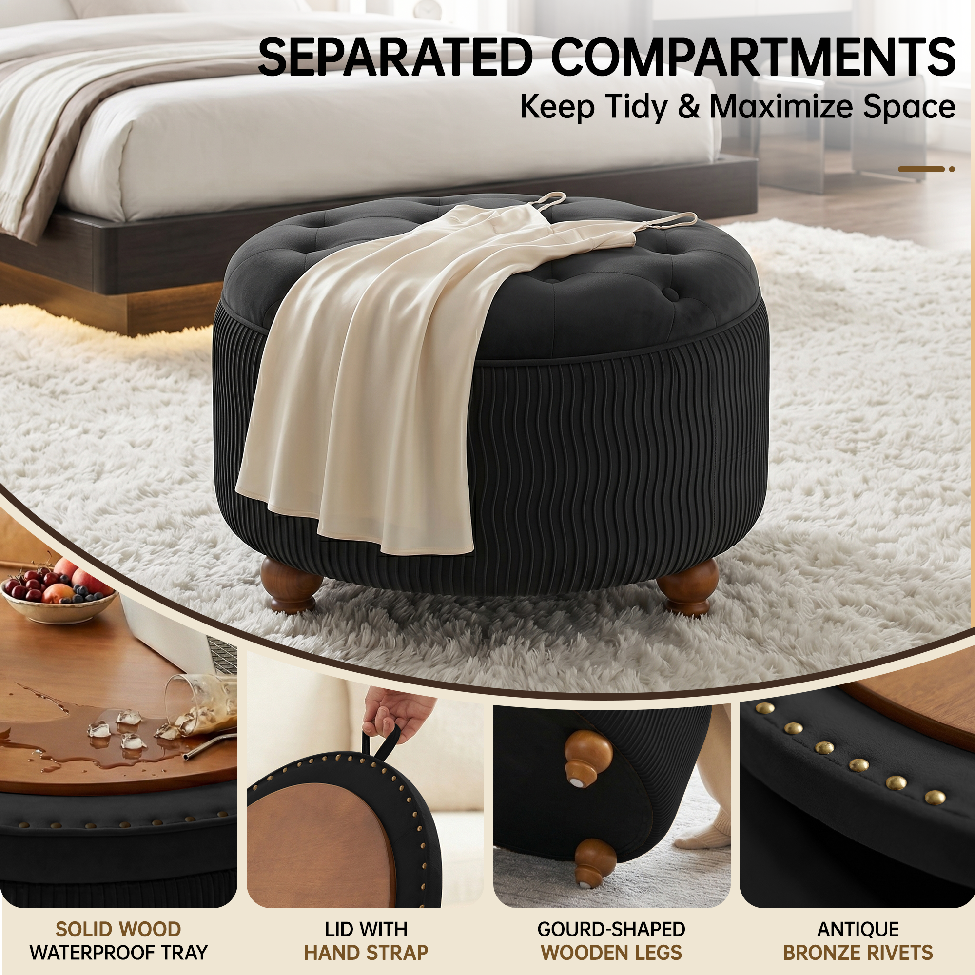 Easthome Round Storage Ottoman, Divided Compartment, Removable Top, Solid Wood Gourd-Shaped Legs, Button Tufted Multi-Function Footrest Bench for Living Room, Bedroom