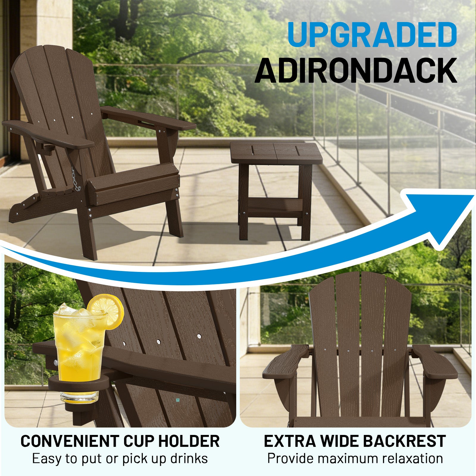 Easthome Adirondack Chair, HDPE All-Weather Outdoor Patio Lounge Chair with Cup Holder & 380lb Capacity for Deck, Garden, Poolside, Backyard