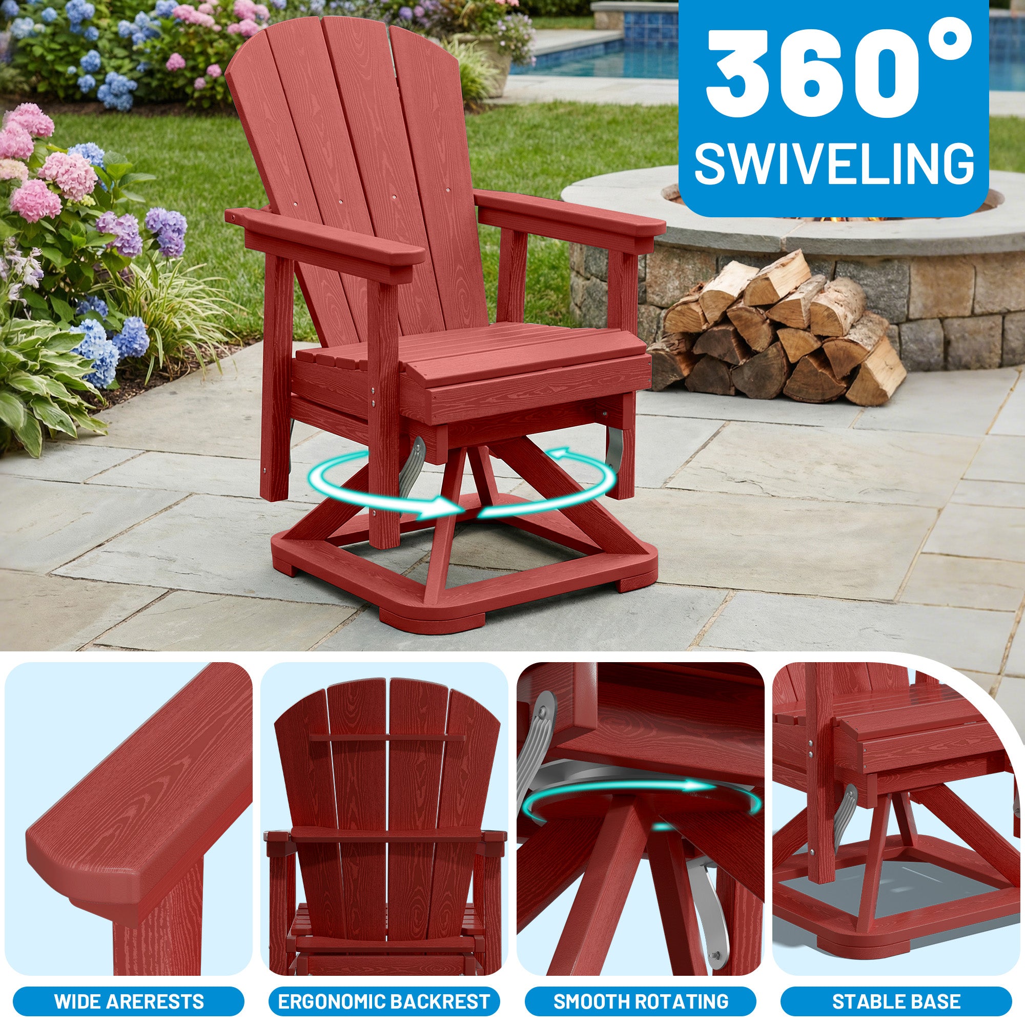 Easthome 360°Swivel Glider Adirondack Chair All-Weather HDPE Outdoor Rocking Chair with Ergonomic Backrest, Outdoor Swivel Rocker for Patio, Porch & Deck