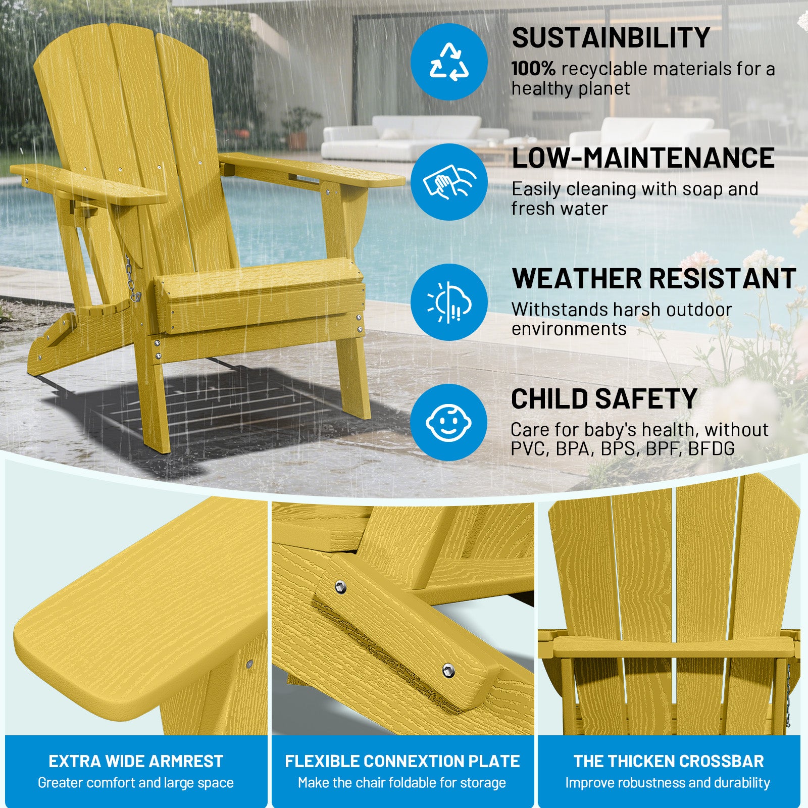 Easthome Adirondack Chair, HDPE All-Weather Outdoor Patio Lounge Chair with Cup Holder & 380lb Capacity for Deck, Garden, Poolside, Backyard