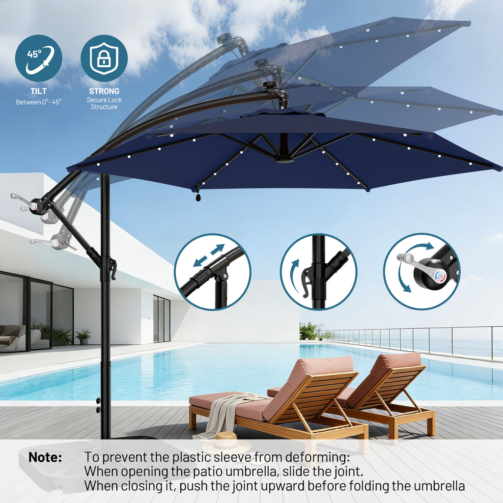 Easthome 10ft Solar LED Offset Hanging Market Patio Umbrella for Backyard, Poolside, Lawn and Garden w/Easy Tilt Adjustment, Polyester Shade, 6 Ribs