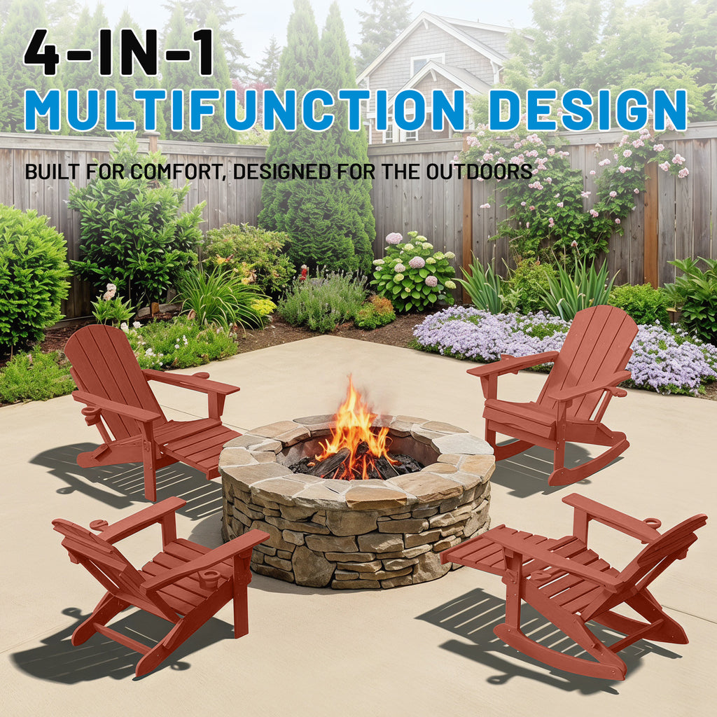 Easthome 4-in-1 Folding Adirondack Rocking Chair with Ottoman & Dual Cup Holders, Wood Texture HDPE All-Weather Outdoor Lounge Chair for Patio, Backyard, Pool