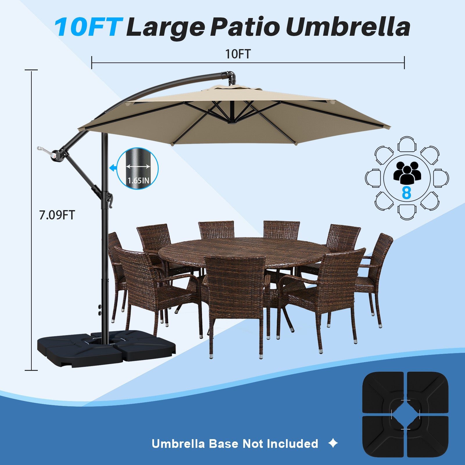 Easthome 10ft Offset Hanging Market Patio Umbrella for Backyard, Poolside, Lawn and Garden w/Easy Tilt Adjustment, Polyester Shade, 6 Ribs
