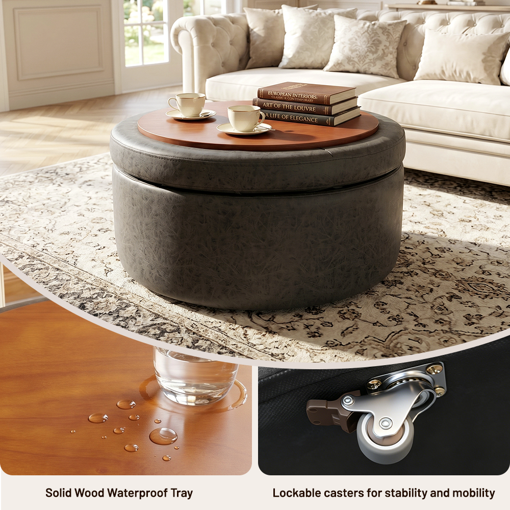 Easthome Multi-Function Round Storage Ottoman with Lockable Casters, Detachable Wood Tray Top, Button Tufted Foot Stool for Living Room Bedroom Study