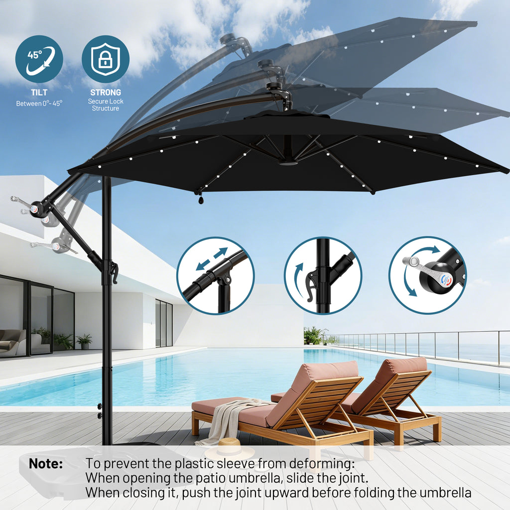Easthome 10ft Solar LED Offset Hanging Market Patio Umbrella for Backyard, Poolside, Lawn and Garden w/Easy Tilt Adjustment, Polyester Shade, 6 Ribs