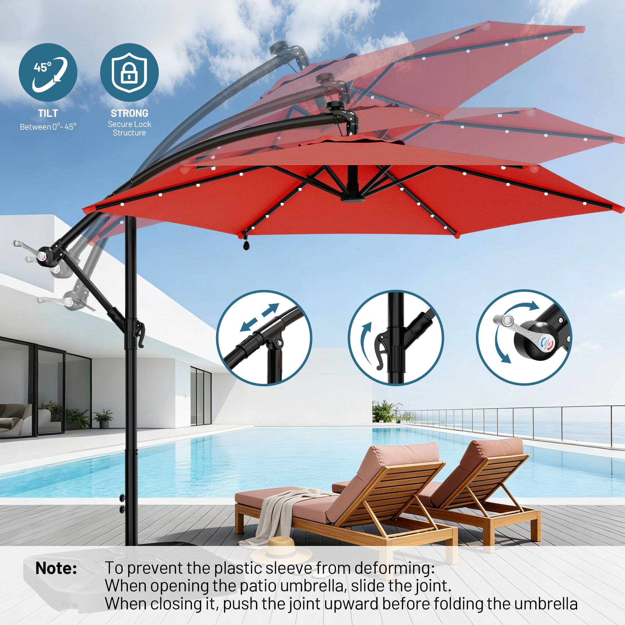 Easthome 10ft Solar LED Offset Hanging Market Patio Umbrella for Backyard, Poolside, Lawn and Garden w/Easy Tilt Adjustment, Polyester Shade, 6 Ribs