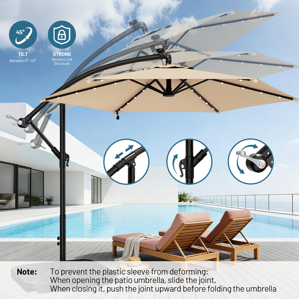 Easthome 10ft Solar LED Offset Hanging Market Patio Umbrella for Backyard, Poolside, Lawn and Garden w/Easy Tilt Adjustment, Polyester Shade, 6 Ribs