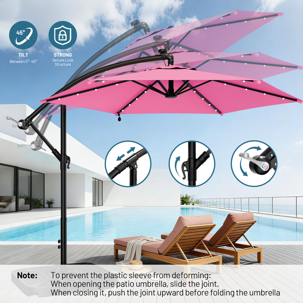 Easthome 10ft Solar LED Offset Hanging Market Patio Umbrella for Backyard, Poolside, Lawn and Garden w/Easy Tilt Adjustment, Polyester Shade, 6 Ribs