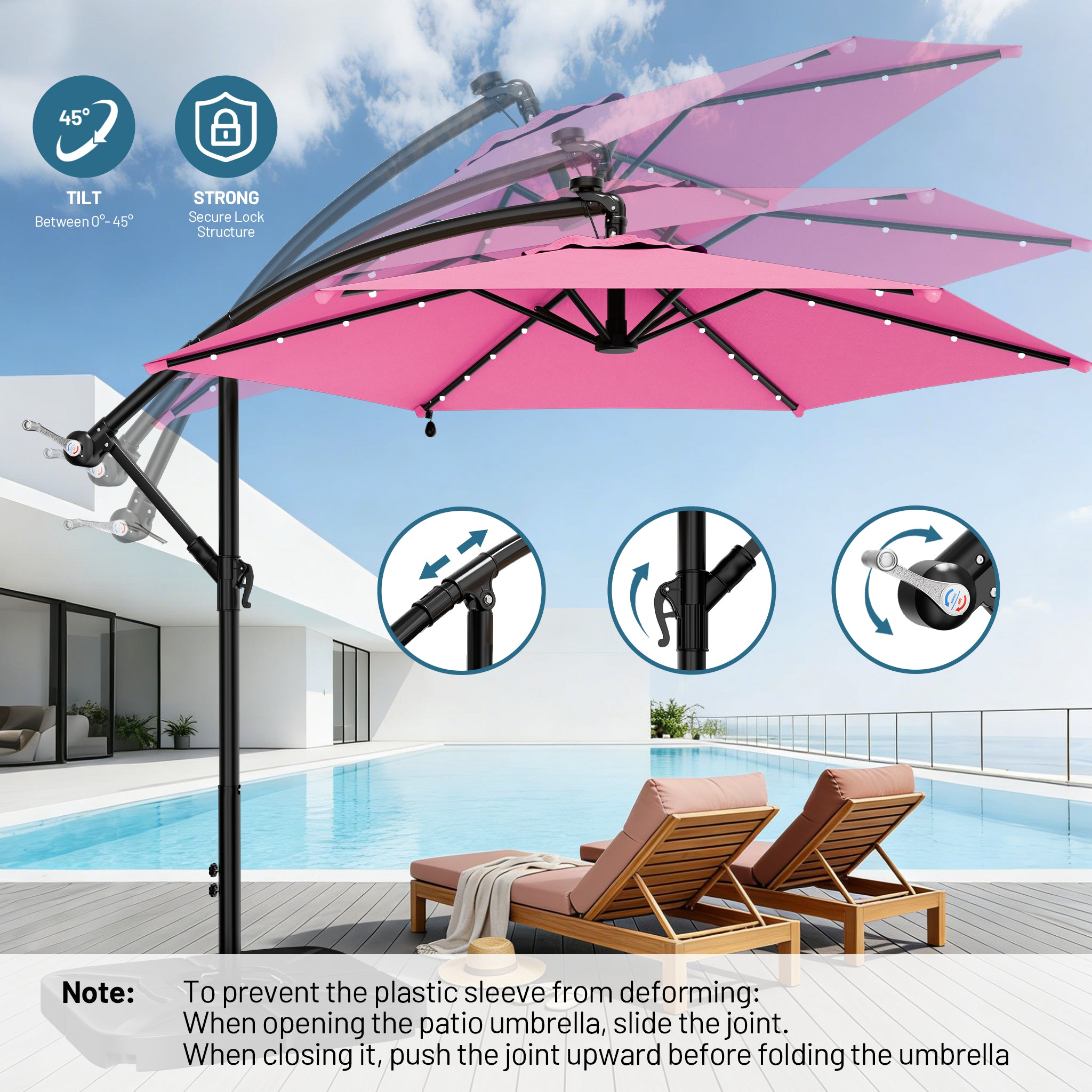 Easthome 10ft Solar LED Offset Hanging Market Patio Umbrella for Backyard, Poolside, Lawn and Garden w/Easy Tilt Adjustment, Polyester Shade, 6 Ribs