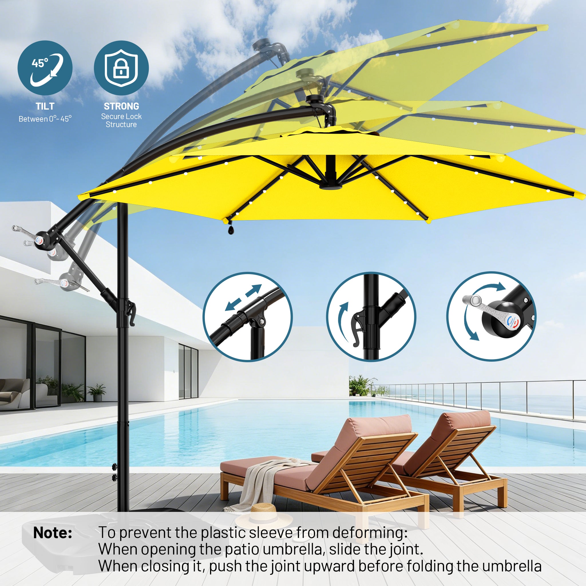 Easthome 10ft Solar LED Offset Hanging Market Patio Umbrella for Backyard, Poolside, Lawn and Garden w/Easy Tilt Adjustment, Polyester Shade, 6 Ribs
