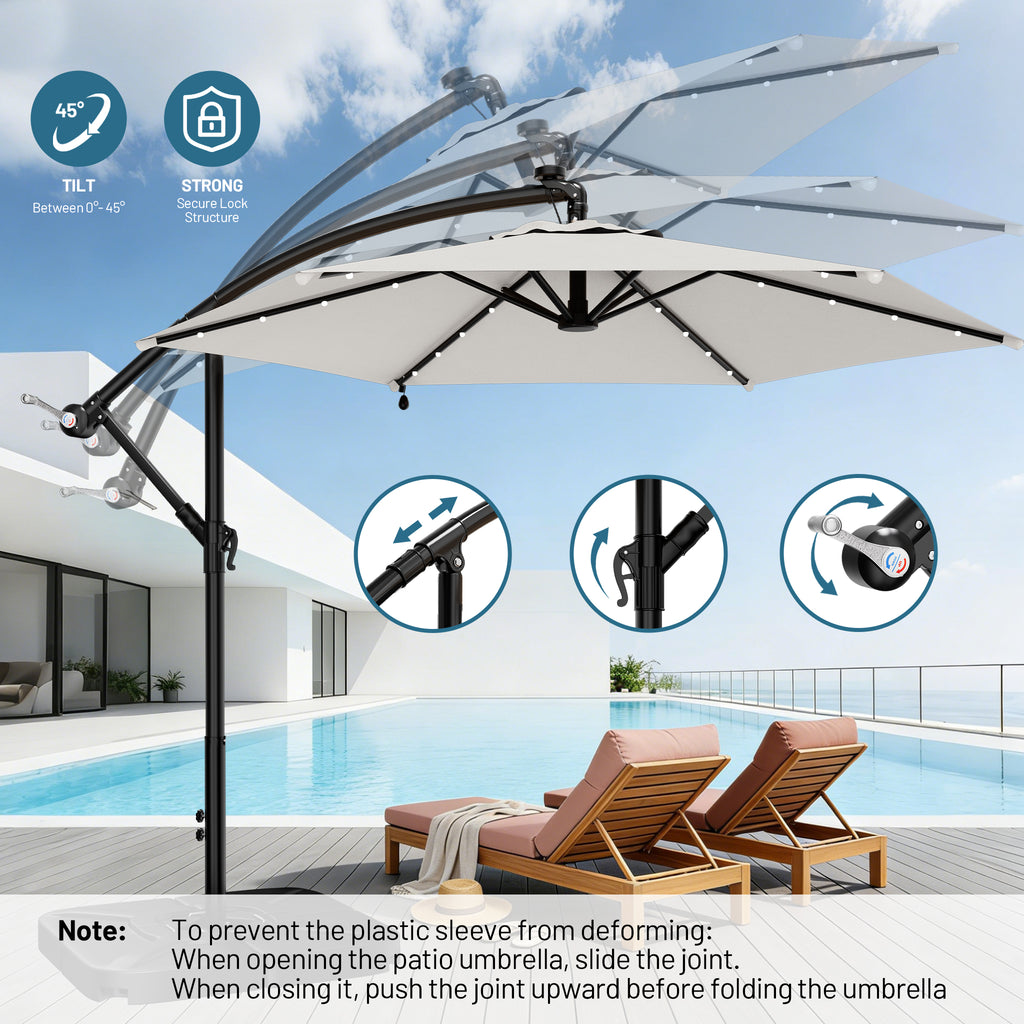 Easthome 10ft Solar LED Offset Hanging Market Patio Umbrella for Backyard, Poolside, Lawn and Garden w/Easy Tilt Adjustment, Polyester Shade, 6 Ribs