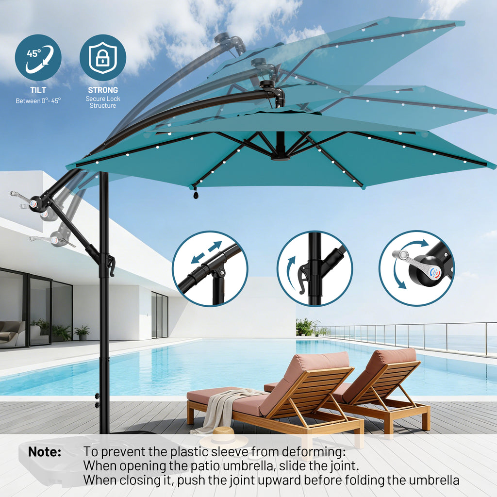 Easthome 10ft Solar LED Offset Hanging Market Patio Umbrella for Backyard, Poolside, Lawn and Garden w/Easy Tilt Adjustment, Polyester Shade, 6 Ribs