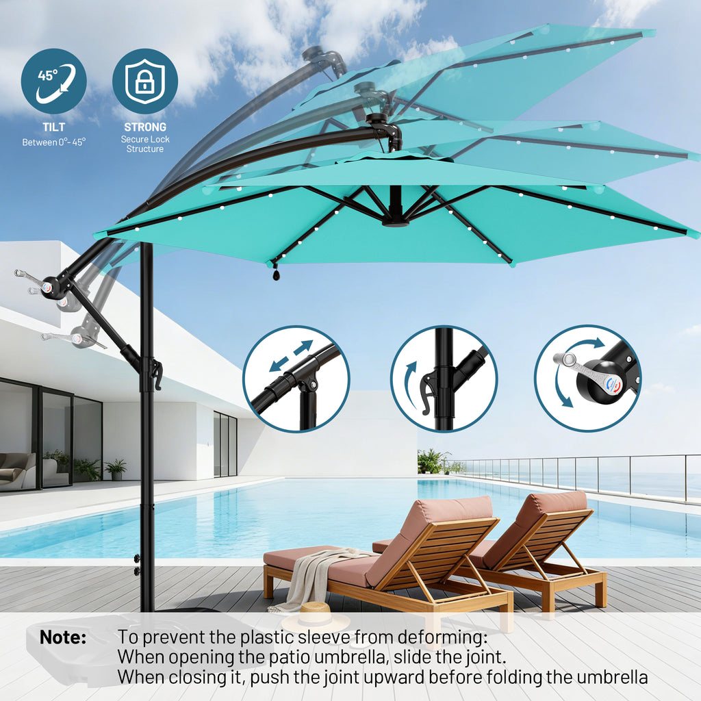 Easthome 10ft Solar LED Offset Hanging Market Patio Umbrella for Backyard, Poolside, Lawn and Garden w/Easy Tilt Adjustment, Polyester Shade, 6 Ribs