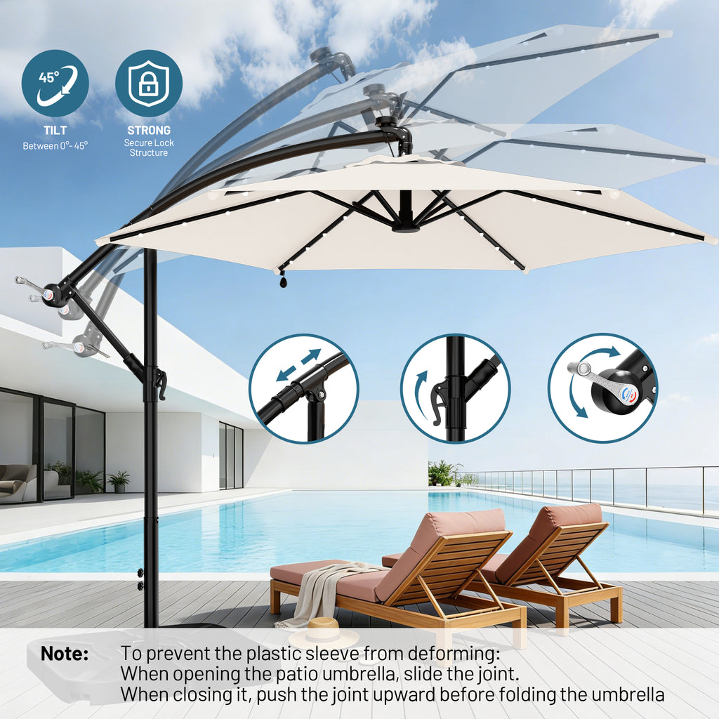 Easthome 10ft Solar LED Offset Hanging Market Patio Umbrella for Backyard, Poolside, Lawn and Garden w/Easy Tilt Adjustment, Polyester Shade, 6 Ribs