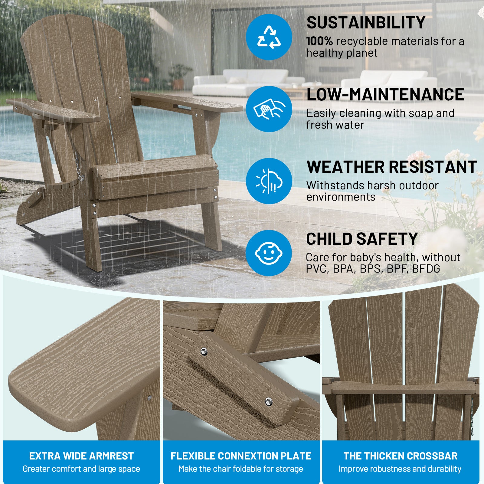 Easthome Adirondack Chair, HDPE All-Weather Outdoor Patio Lounge Chair with Cup Holder & 380lb Capacity for Deck, Garden, Poolside, Backyard