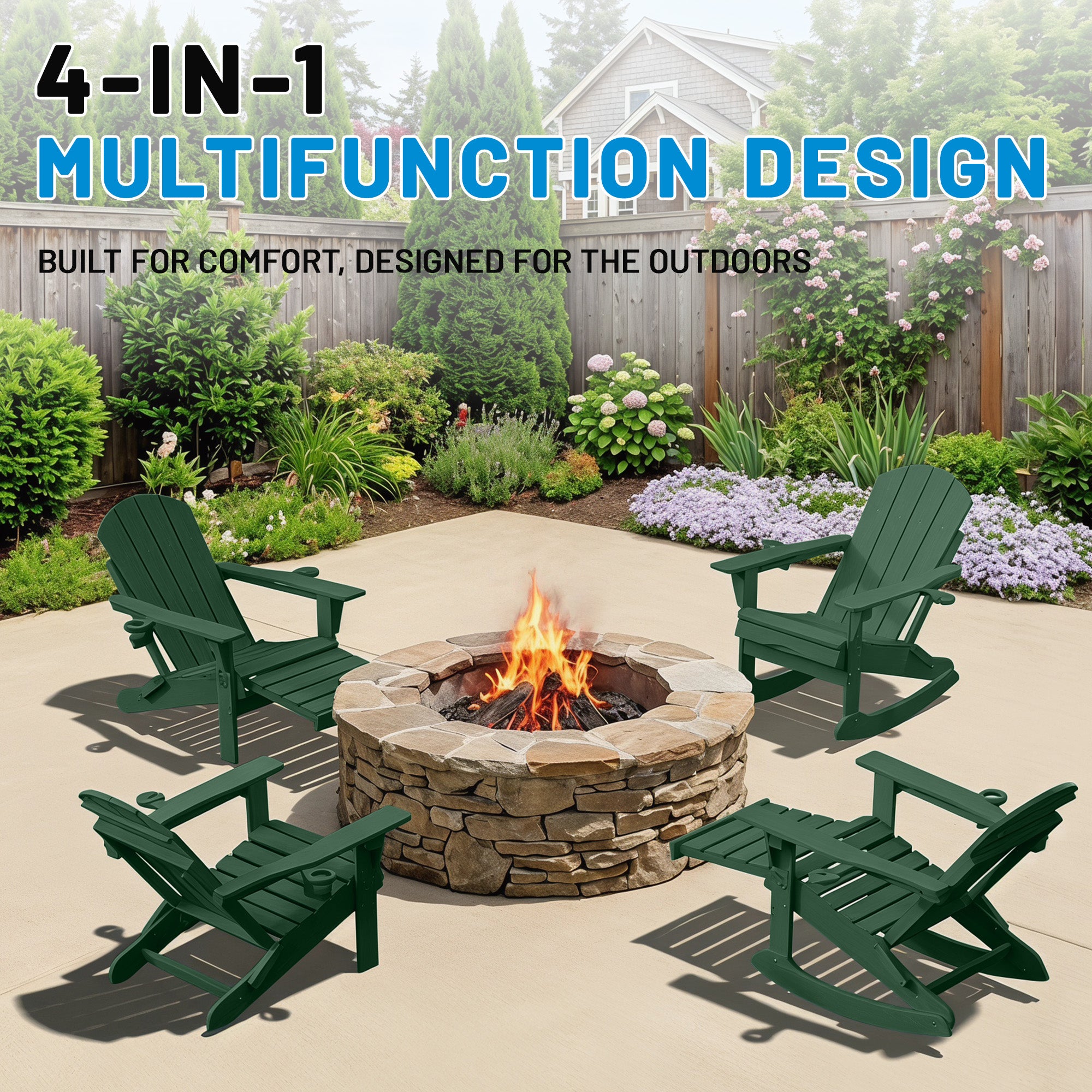 Easthome 4-in-1 Folding Adirondack Rocking Chair with Ottoman & Dual Cup Holders, Wood Texture HDPE All-Weather Outdoor Lounge Chair for Patio, Backyard, Pool