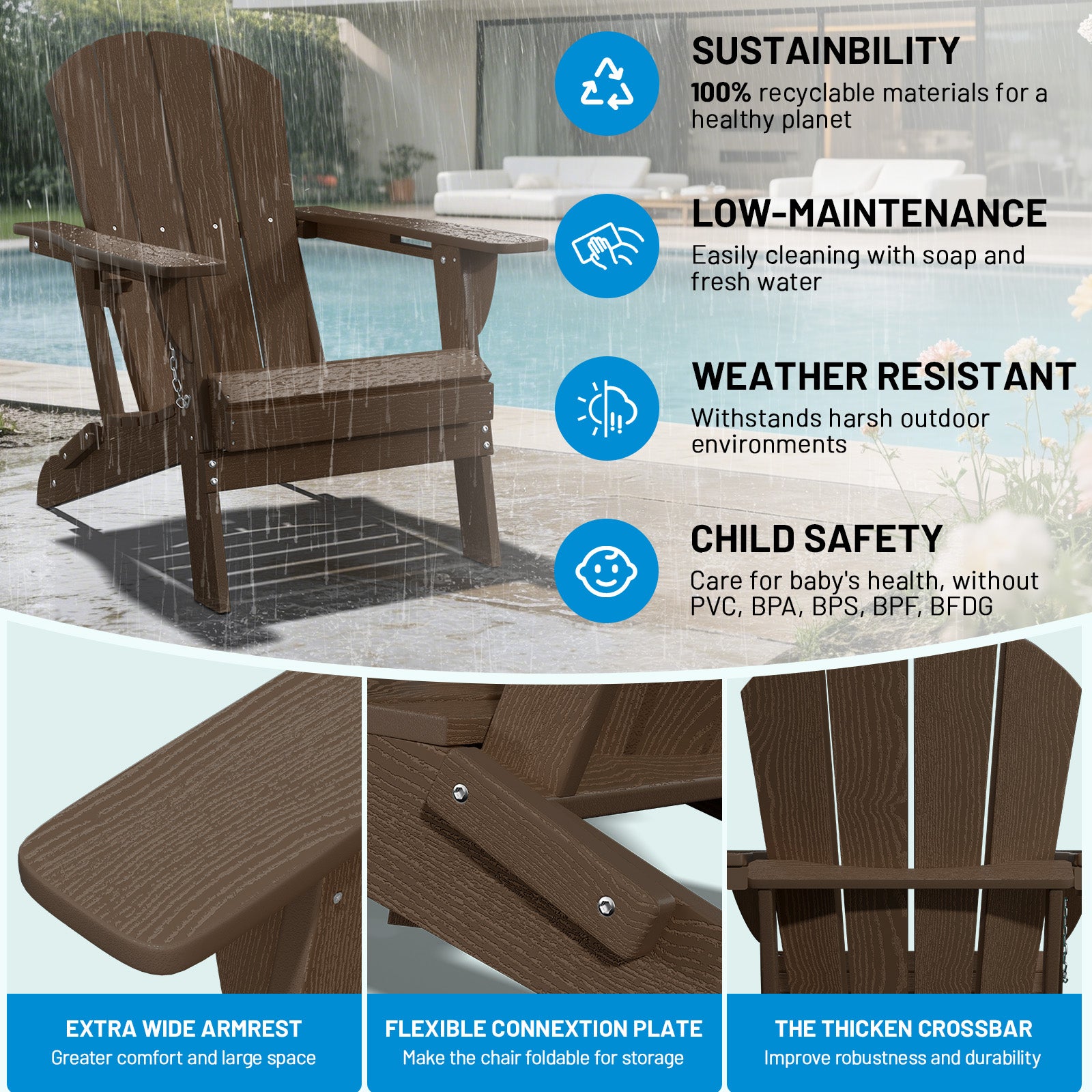 Easthome Adirondack Chair, HDPE All-Weather Outdoor Patio Lounge Chair with Cup Holder & 380lb Capacity for Deck, Garden, Poolside, Backyard