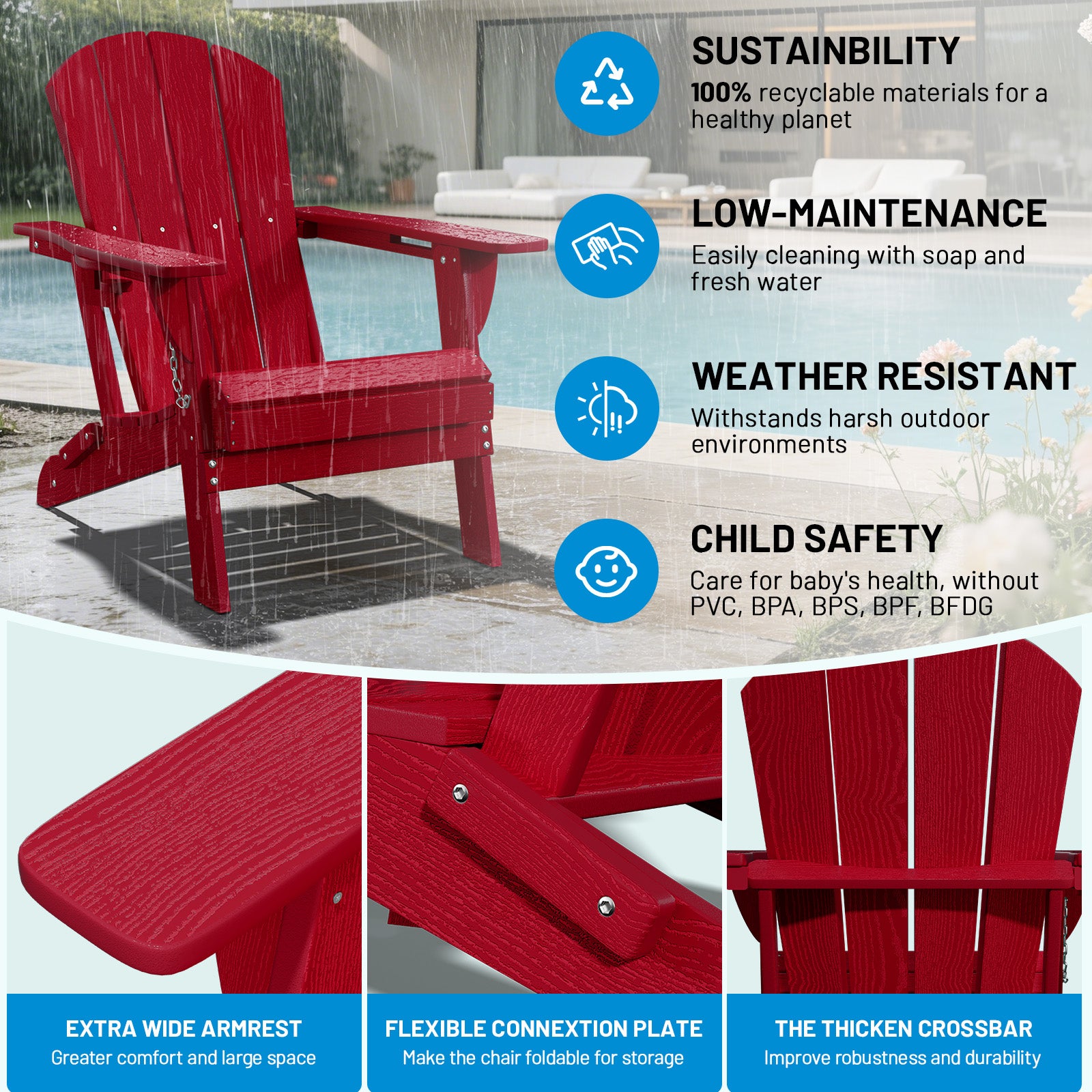 Easthome Adirondack Chair, HDPE All-Weather Outdoor Patio Lounge Chair with Cup Holder & 380lb Capacity for Deck, Garden, Poolside, Backyard