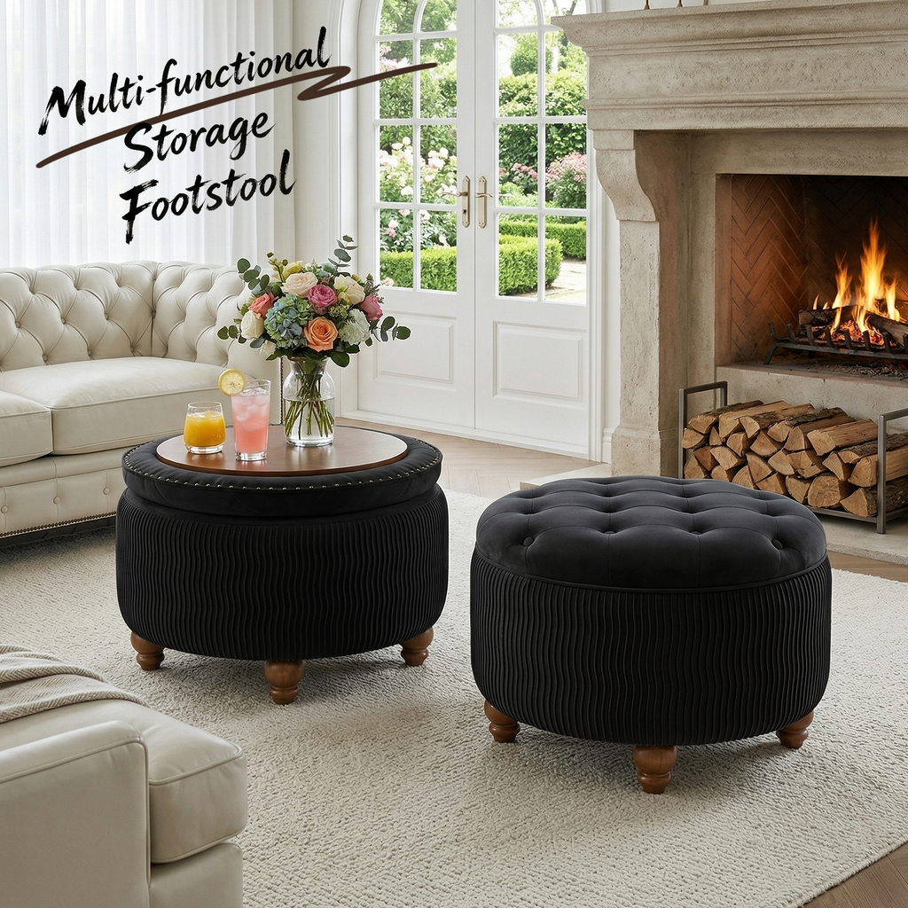 Easthome Round Storage Ottoman, Divided Compartment, Removable Top, Solid Wood Gourd-Shaped Legs, Button Tufted Multi-Function Footrest Bench for Living Room, Bedroom