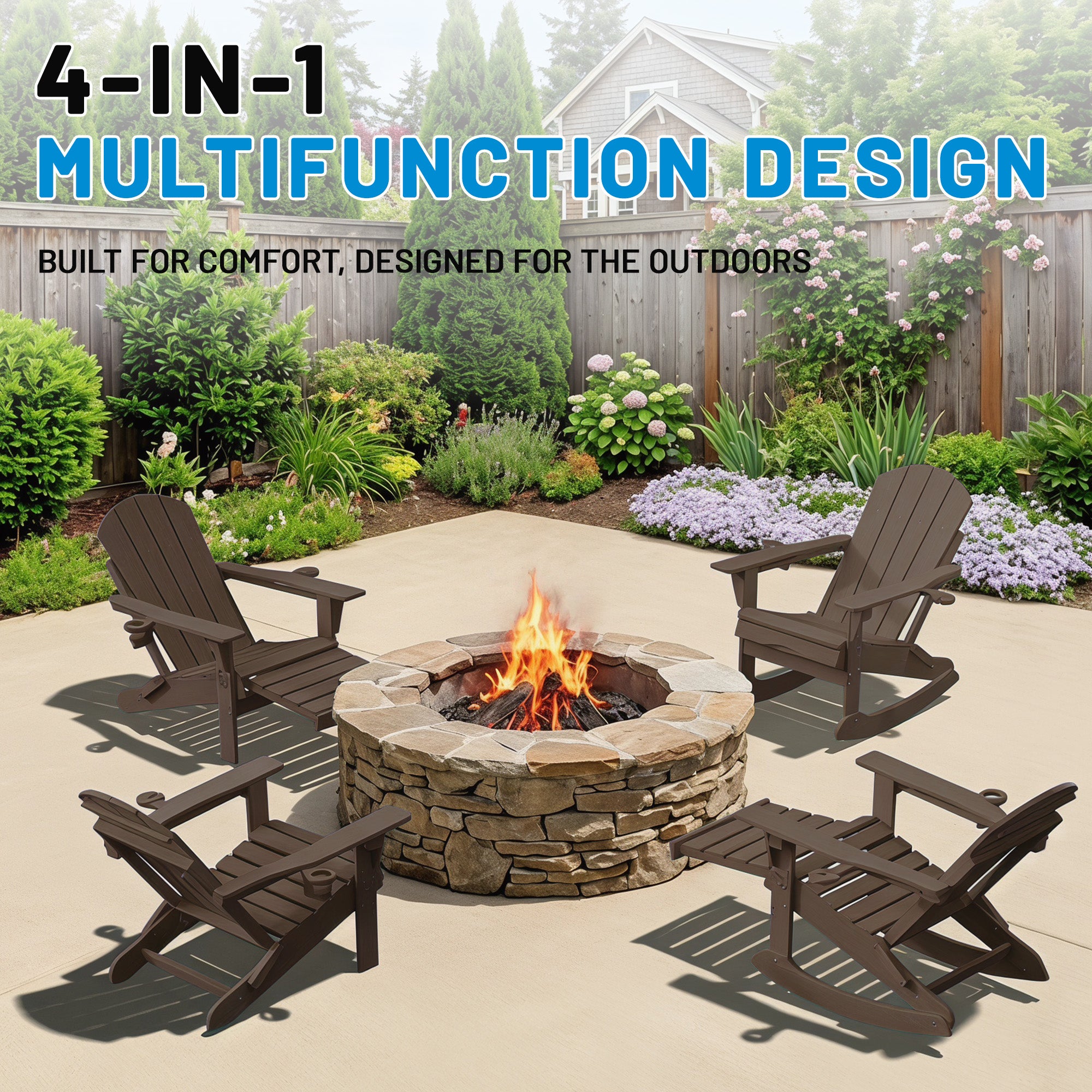 Easthome 4-in-1 Folding Adirondack Rocking Chair with Ottoman & Dual Cup Holders, Wood Texture HDPE All-Weather Outdoor Lounge Chair for Patio, Backyard, Pool