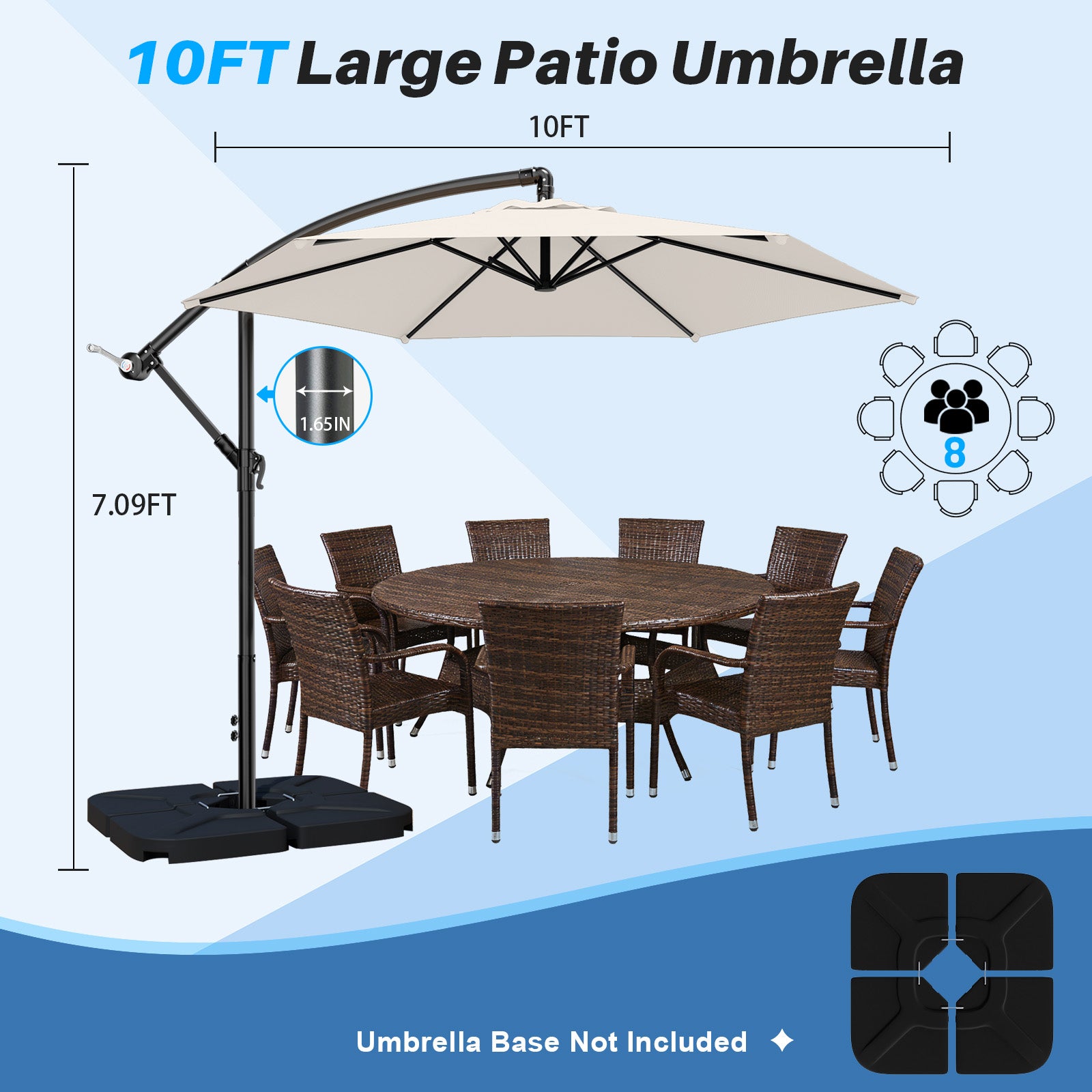 Easthome 10ft Offset Hanging Market Patio Umbrella for Backyard, Poolside, Lawn and Garden w/Easy Tilt Adjustment, Polyester Shade, 6 Ribs
