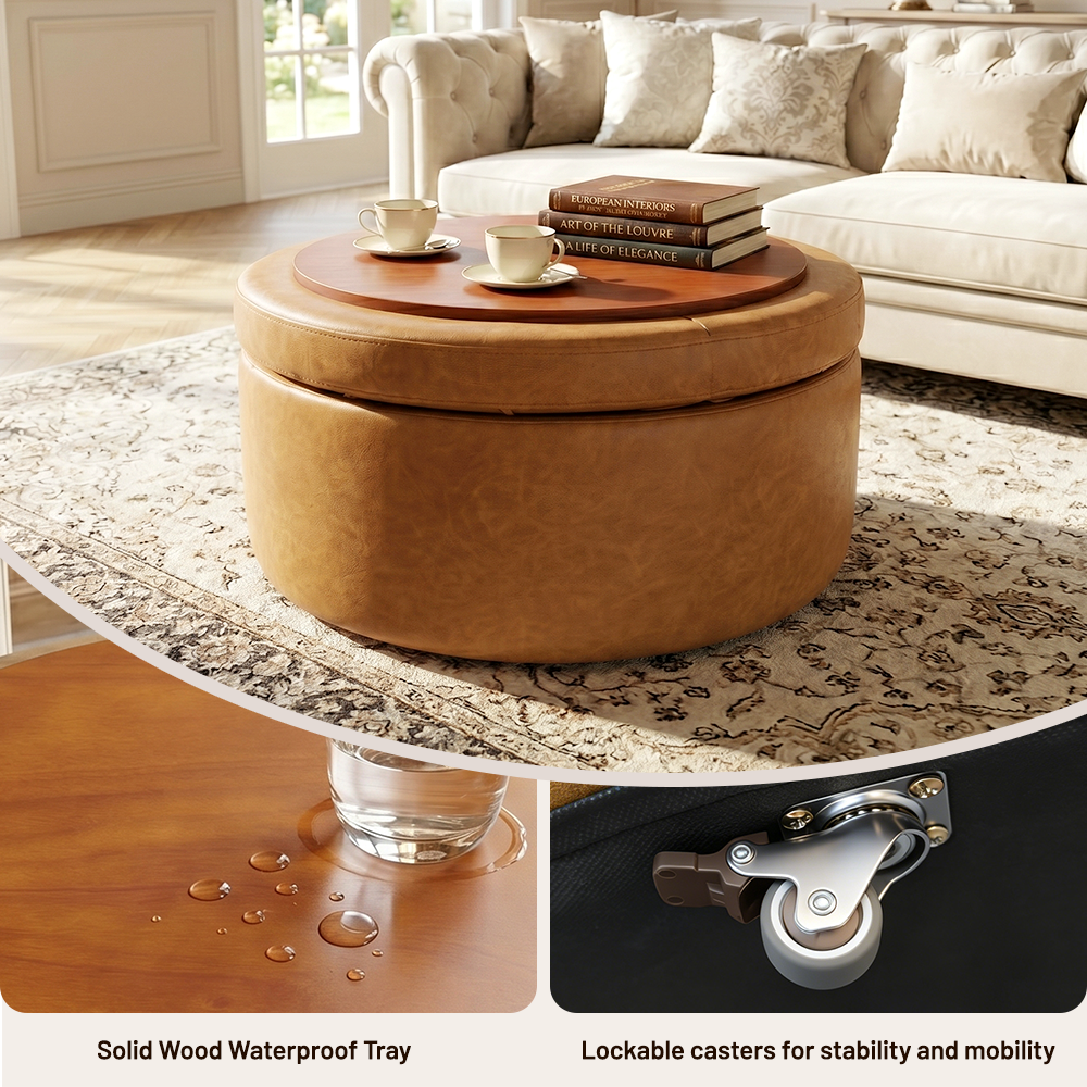 Easthome Multi-Function Round Storage Ottoman with Lockable Casters, Detachable Wood Tray Top, Button Tufted Foot Stool for Living Room Bedroom Study