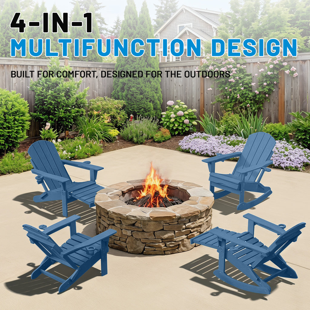 Easthome 4-in-1 Folding Adirondack Rocking Chair with Ottoman & Dual Cup Holders, Wood Texture HDPE All-Weather Outdoor Lounge Chair for Patio, Backyard, Pool
