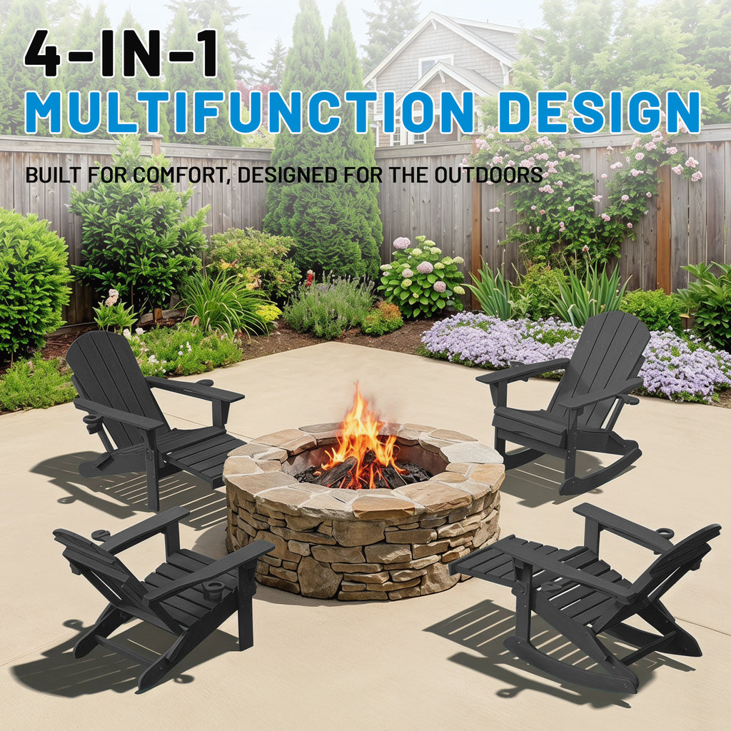 Easthome 4-in-1 Folding Adirondack Rocking Chair with Ottoman & Dual Cup Holders, Wood Texture HDPE All-Weather Outdoor Lounge Chair for Patio, Backyard, Pool