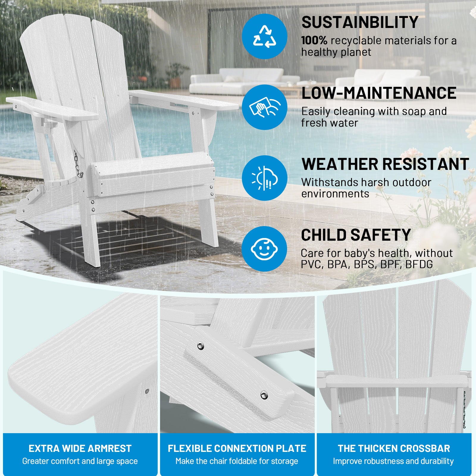 Easthome Adirondack Chair, HDPE All-Weather Outdoor Patio Lounge Chair with Cup Holder & 380lb Capacity for Deck, Garden, Poolside, Backyard