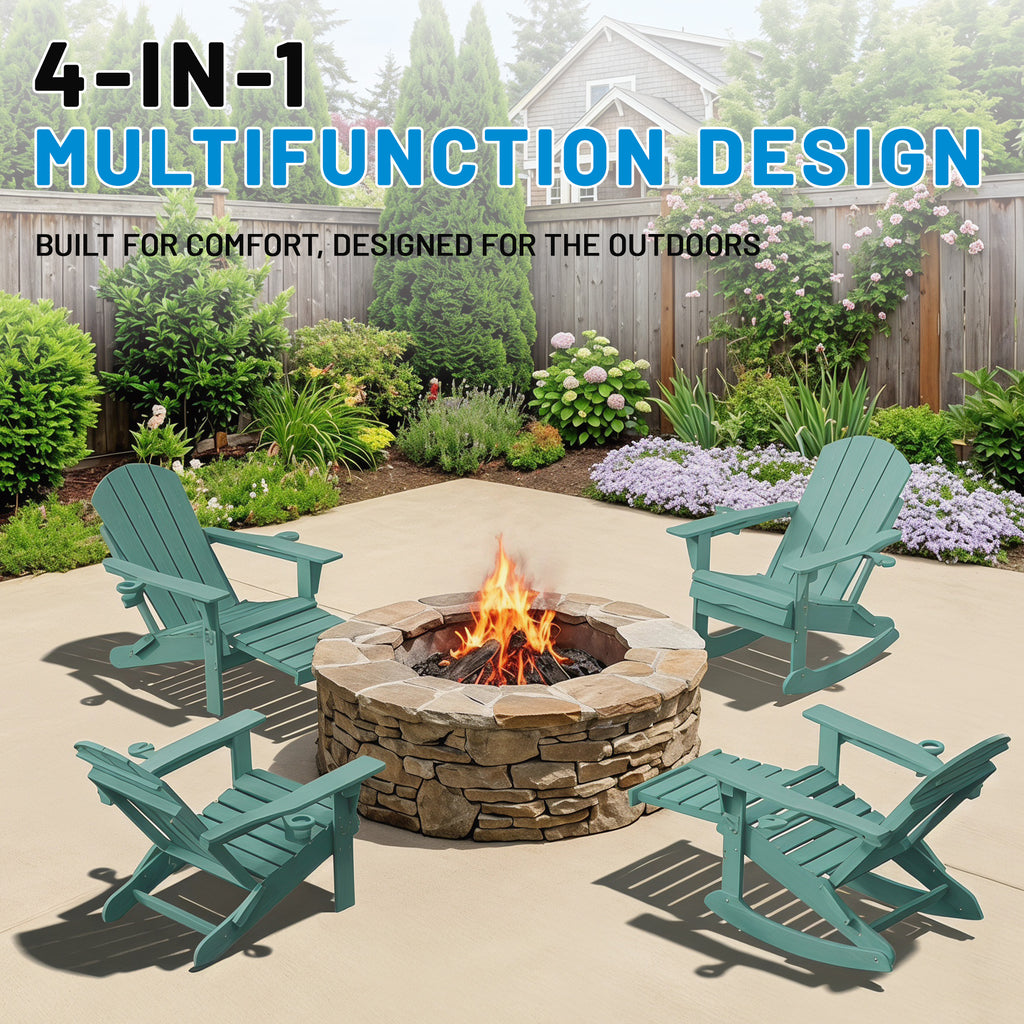 Easthome 4-in-1 Folding Adirondack Rocking Chair with Ottoman & Dual Cup Holders, Wood Texture HDPE All-Weather Outdoor Lounge Chair for Patio, Backyard, Pool