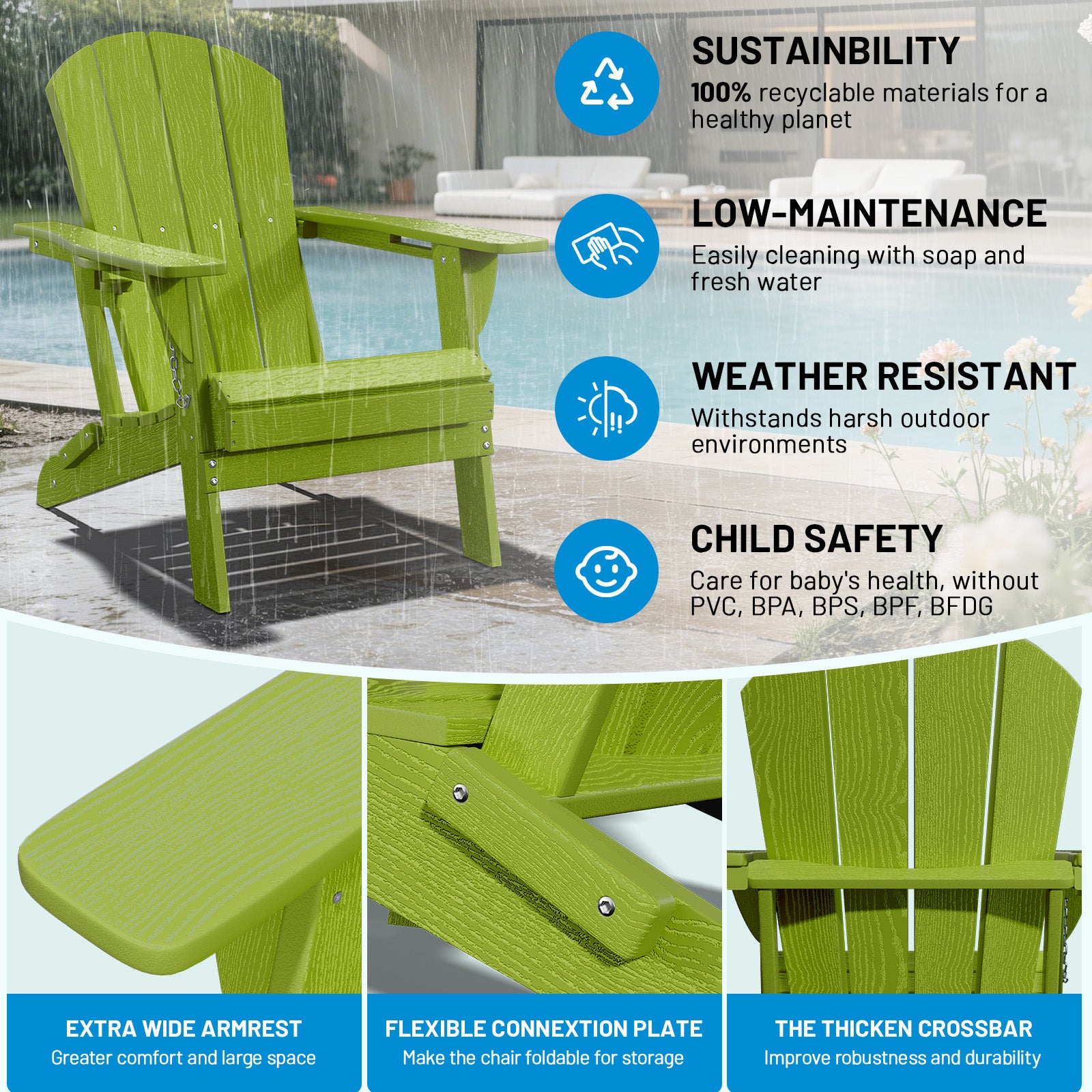Easthome Adirondack Chair, HDPE All-Weather Outdoor Patio Lounge Chair with Cup Holder & 380lb Capacity for Deck, Garden, Poolside, Backyard