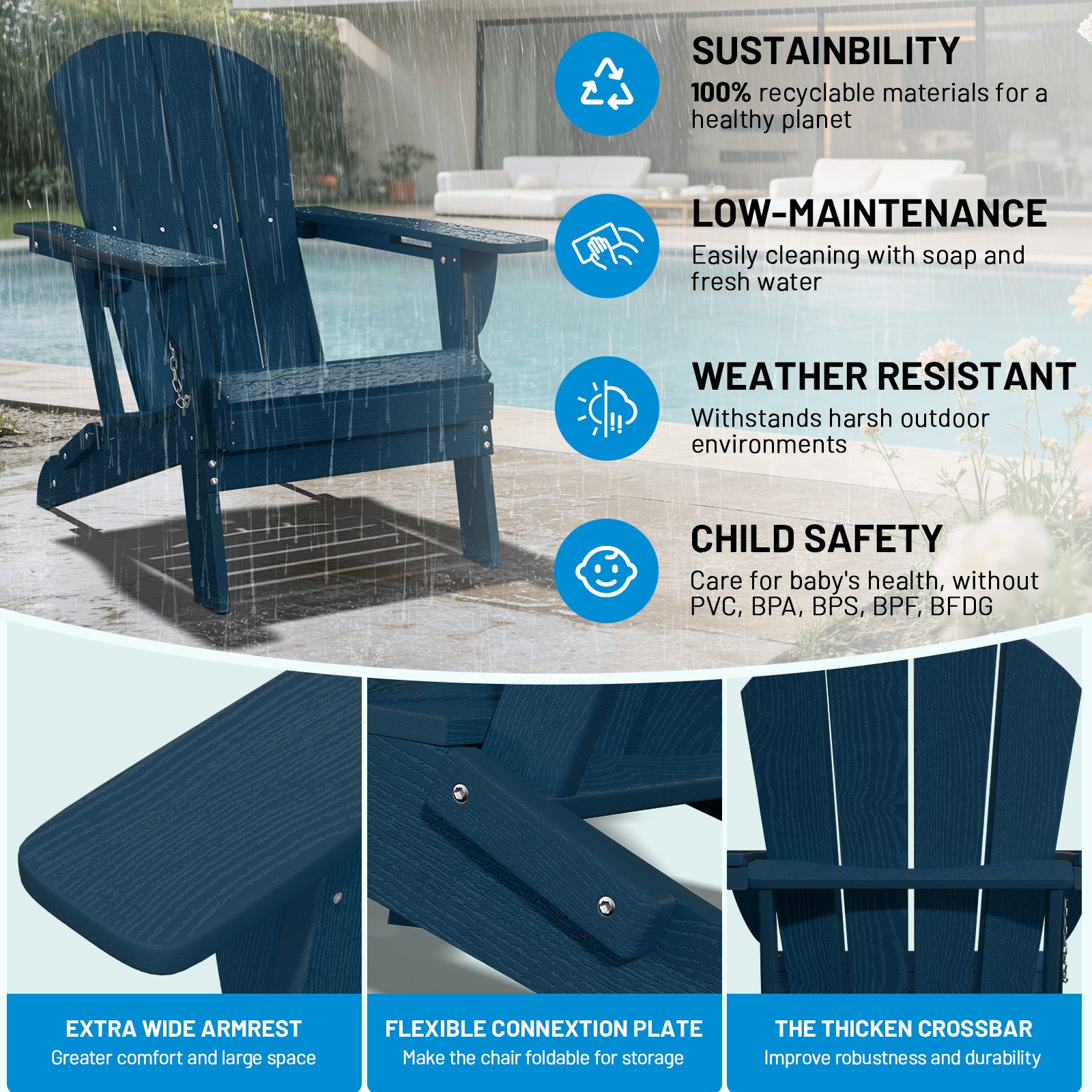 Easthome Adirondack Chair, HDPE All-Weather Outdoor Patio Lounge Chair with Cup Holder & 380lb Capacity for Deck, Garden, Poolside, Backyard