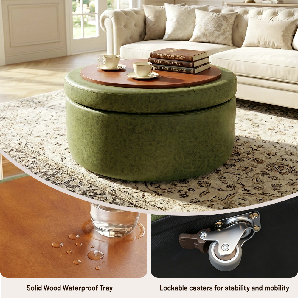 Easthome Multi-Function Round Storage Ottoman with Lockable Casters, Detachable Wood Tray Top, Button Tufted Foot Stool for Living Room Bedroom Study