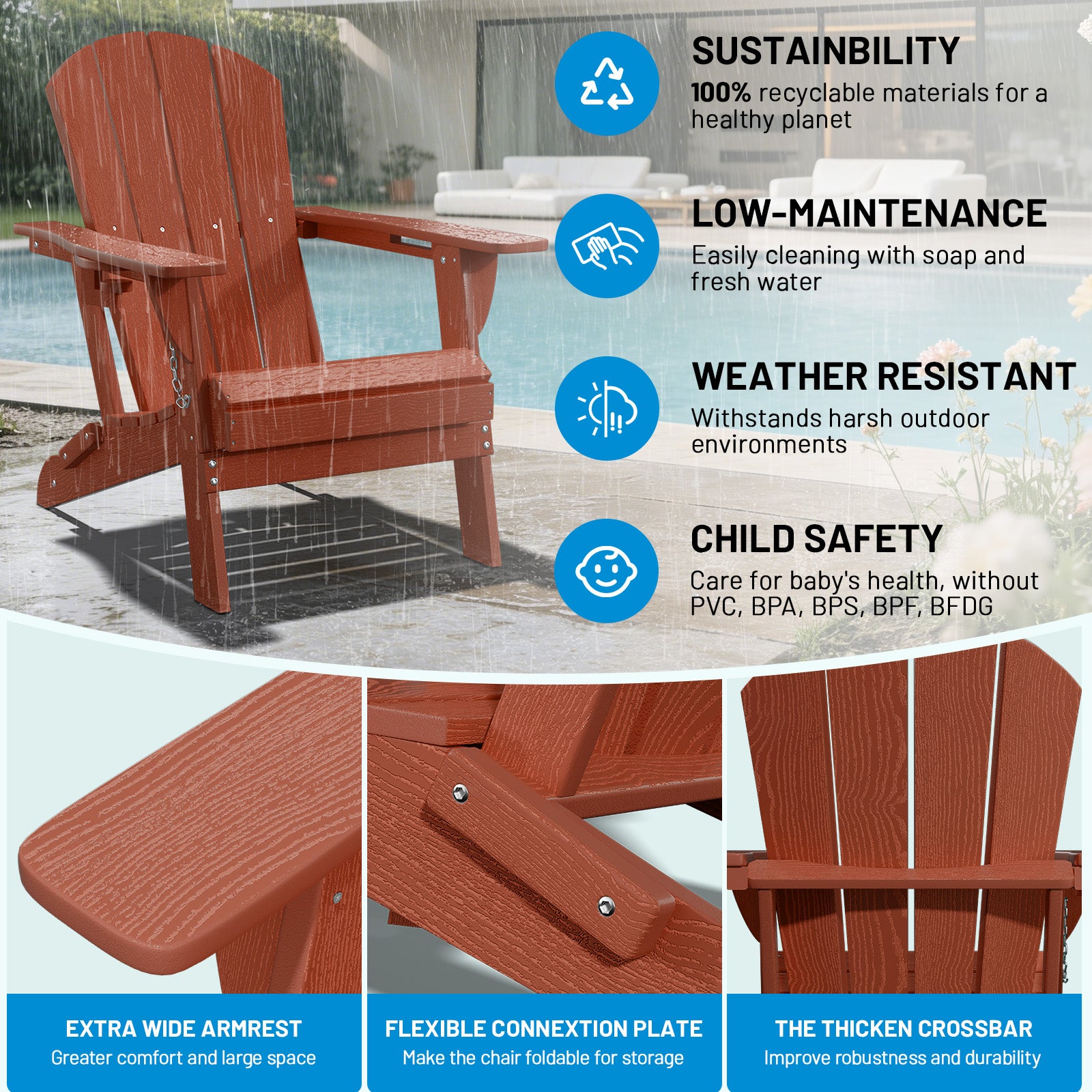 Easthome Adirondack Chair, HDPE All-Weather Outdoor Patio Lounge Chair with Cup Holder & 380lb Capacity for Deck, Garden, Poolside, Backyard