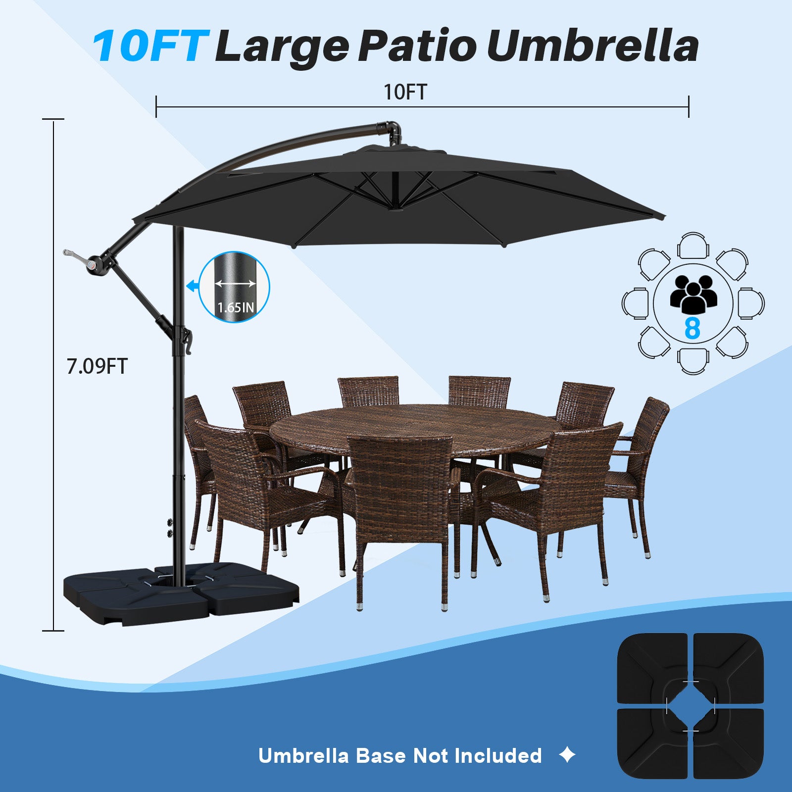 Easthome 10ft Offset Hanging Market Patio Umbrella for Backyard, Poolside, Lawn and Garden w/Easy Tilt Adjustment, Polyester Shade, 6 Ribs