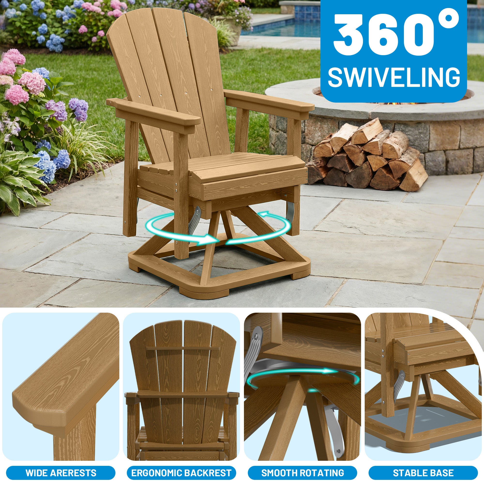 Easthome 360°Swivel Glider Adirondack Chair All-Weather HDPE Outdoor Rocking Chair with Ergonomic Backrest, Outdoor Swivel Rocker for Patio, Porch & Deck