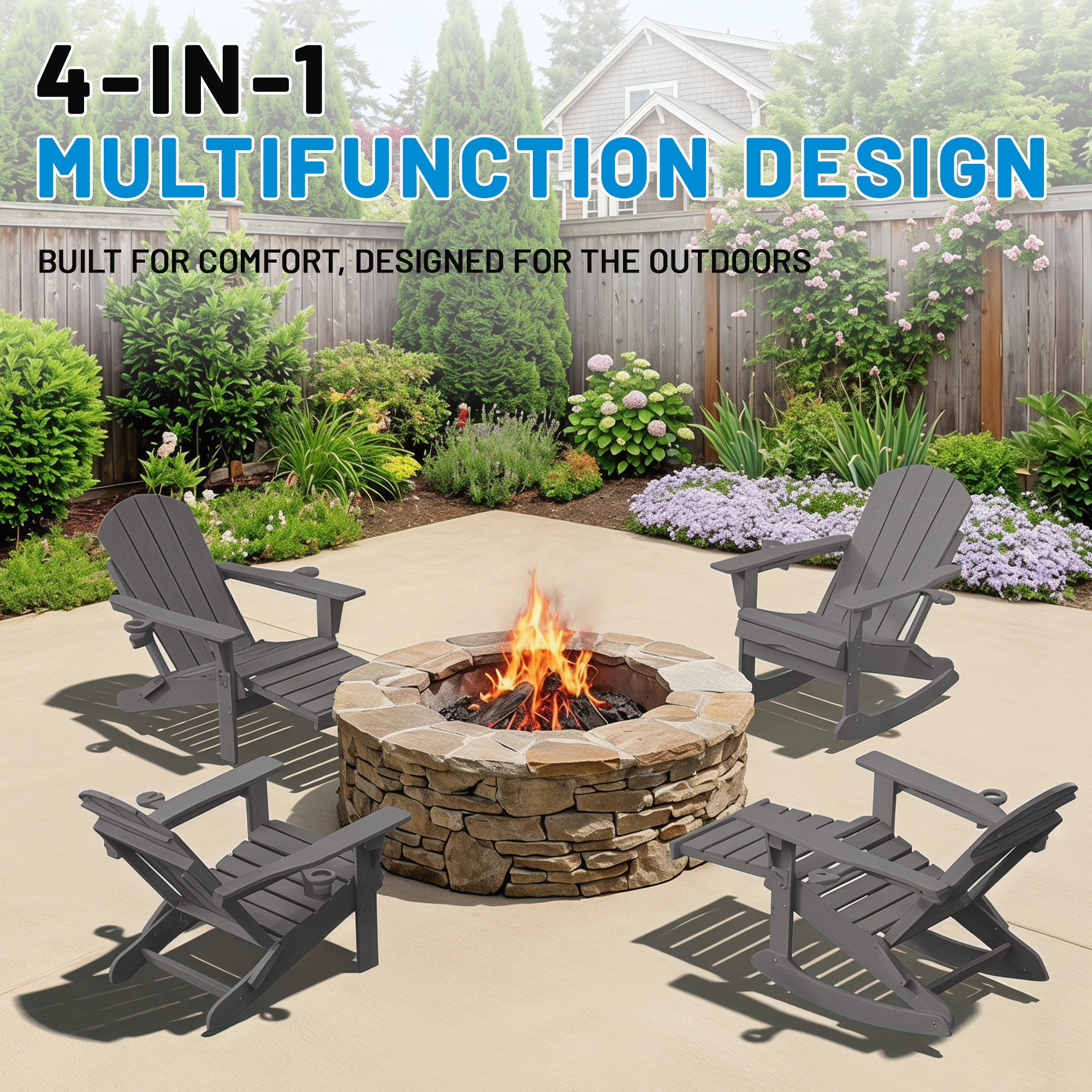 Easthome 4-in-1 Folding Adirondack Rocking Chair with Ottoman & Dual Cup Holders, Wood Texture HDPE All-Weather Outdoor Lounge Chair for Patio, Backyard, Pool